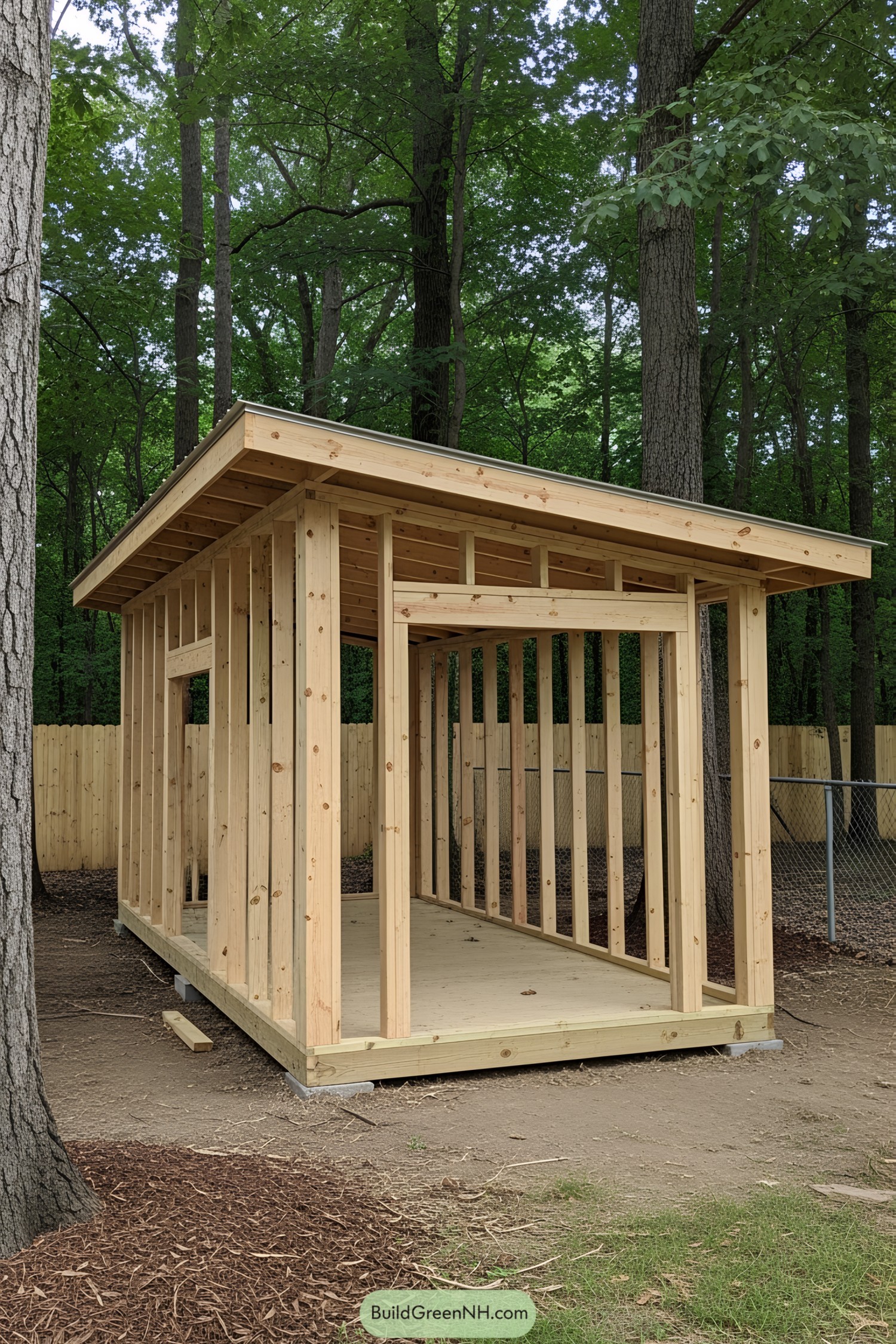 Wooden shed under construction in a wooded area