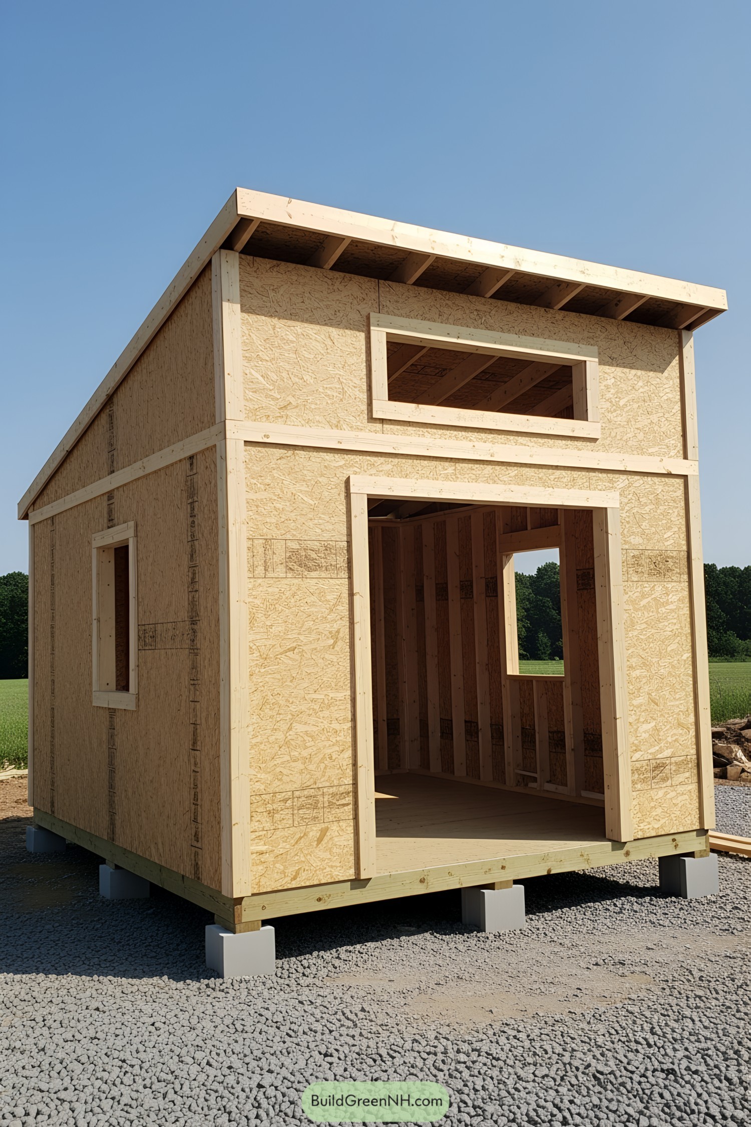 Simple wooden lean-to structure under construction