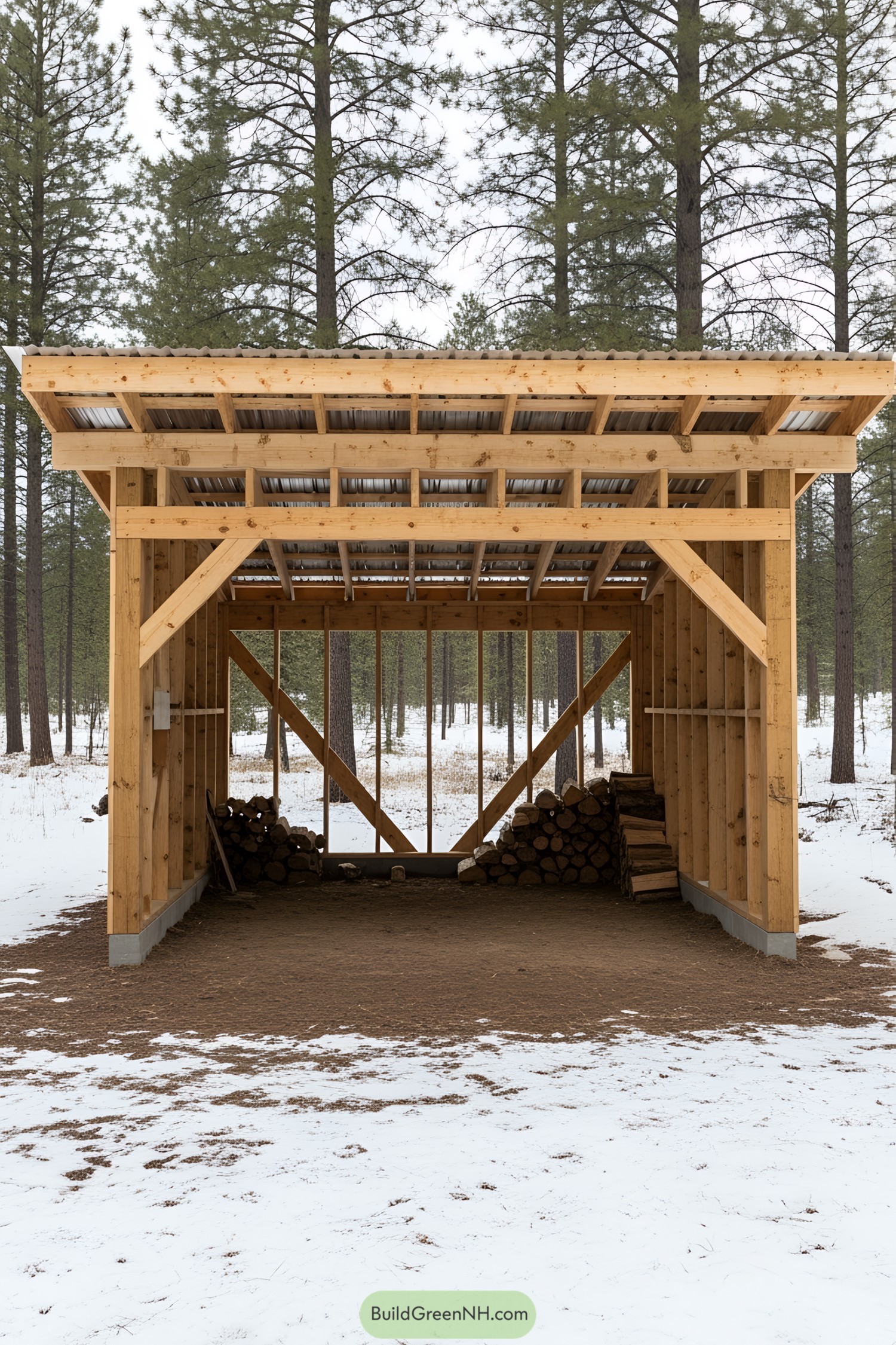 Open shed with wooden beams in a snowy forest