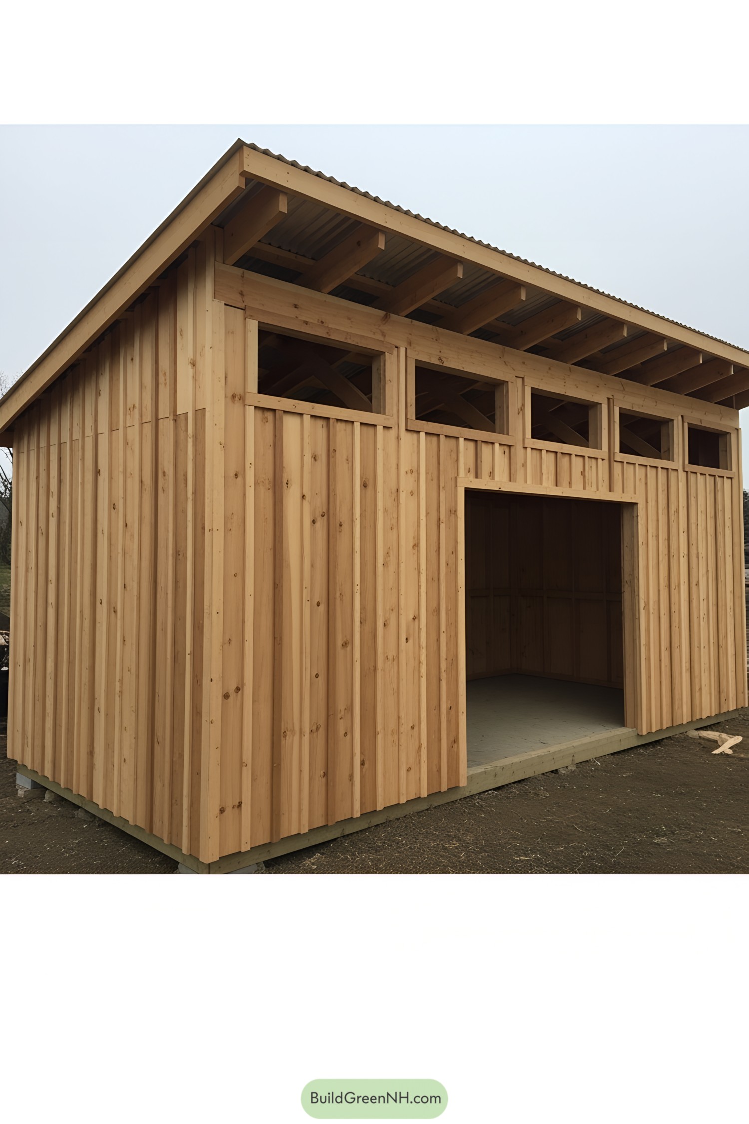 Simple wooden lean-to shed with open front