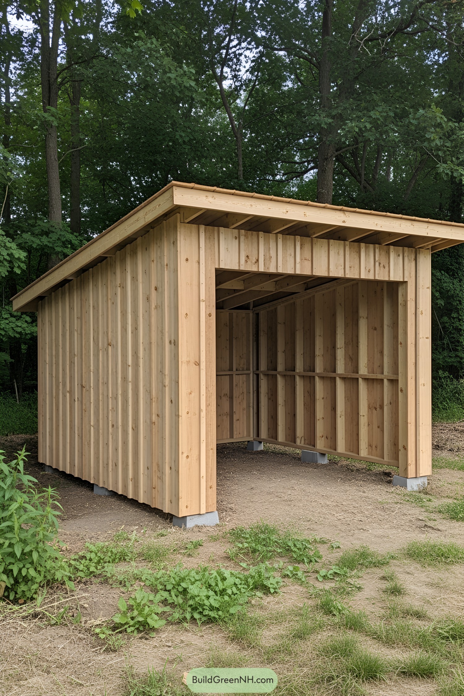 Wooden lean-to shed in a forest setting