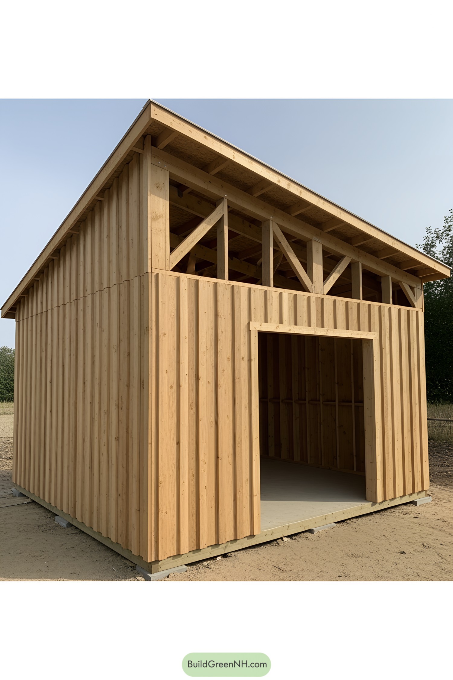 Wooden lean-to shed with open doorway and sturdy construction