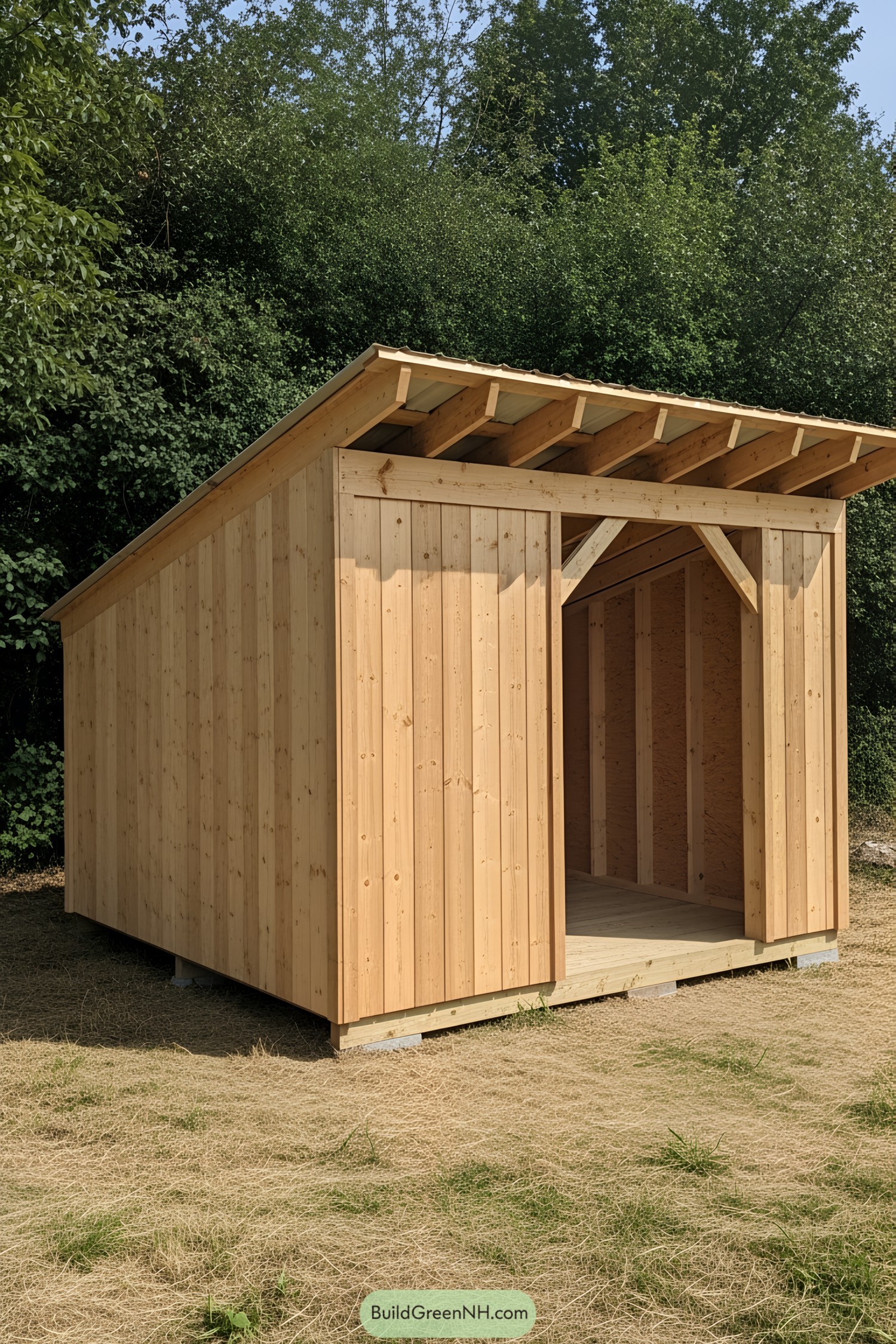 Wooden shed in a grassy area with trees in the background