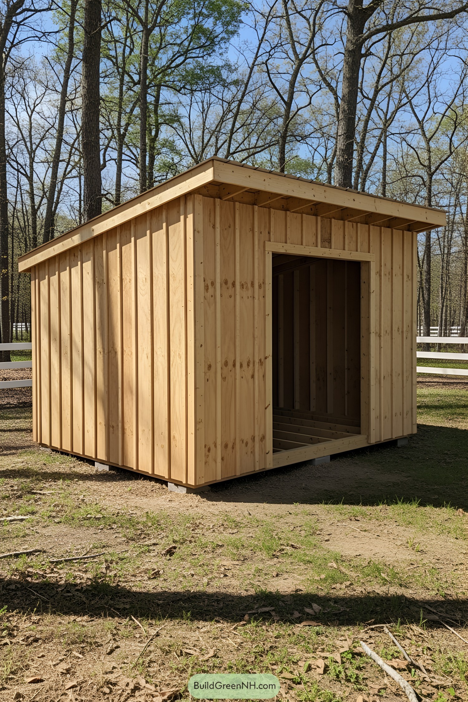 Simple wooden lean-to in a forest clearing