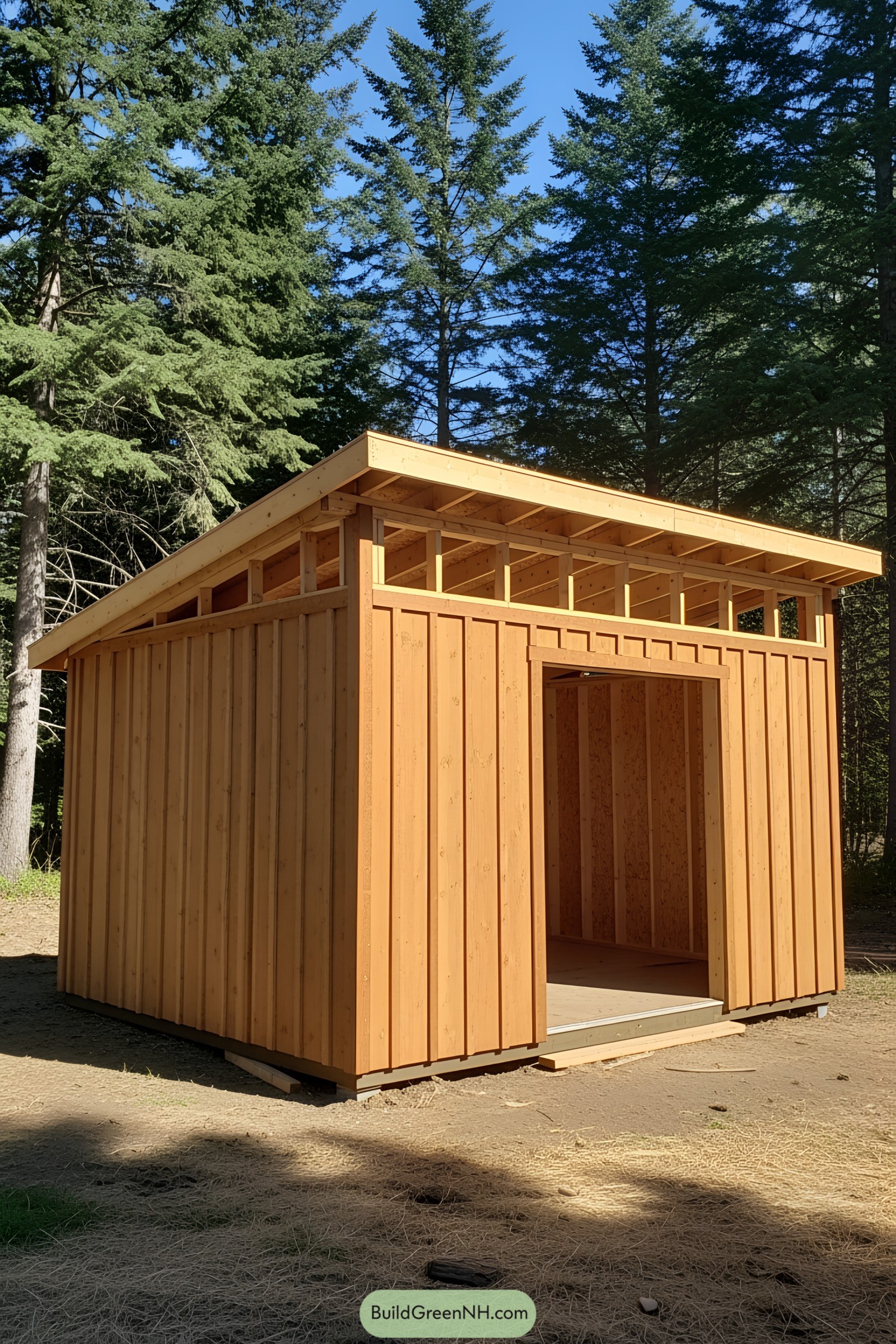 Wooden lean-to shed with an open entrance