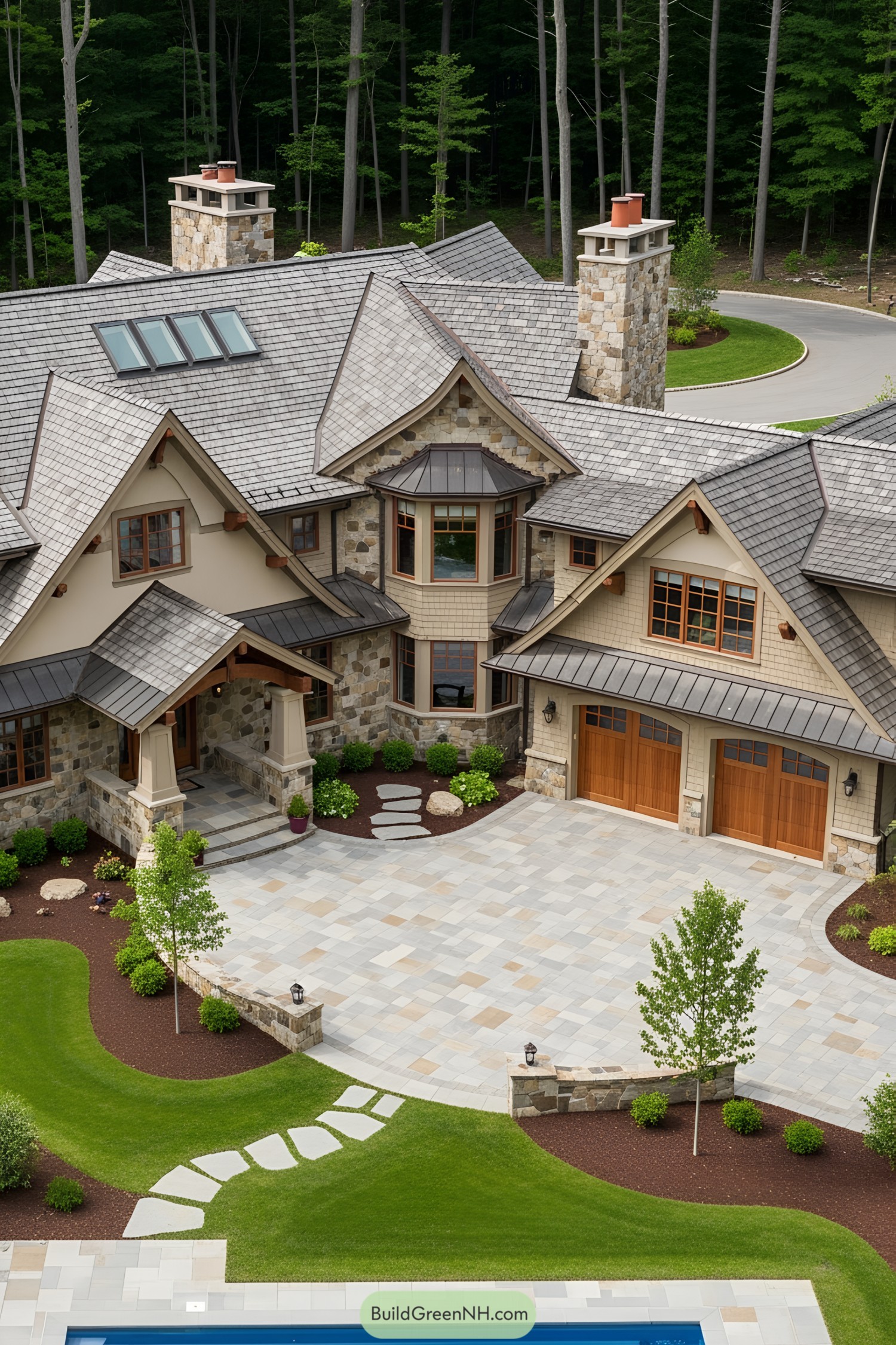 Luxury craftsman house with stone and wood elements
