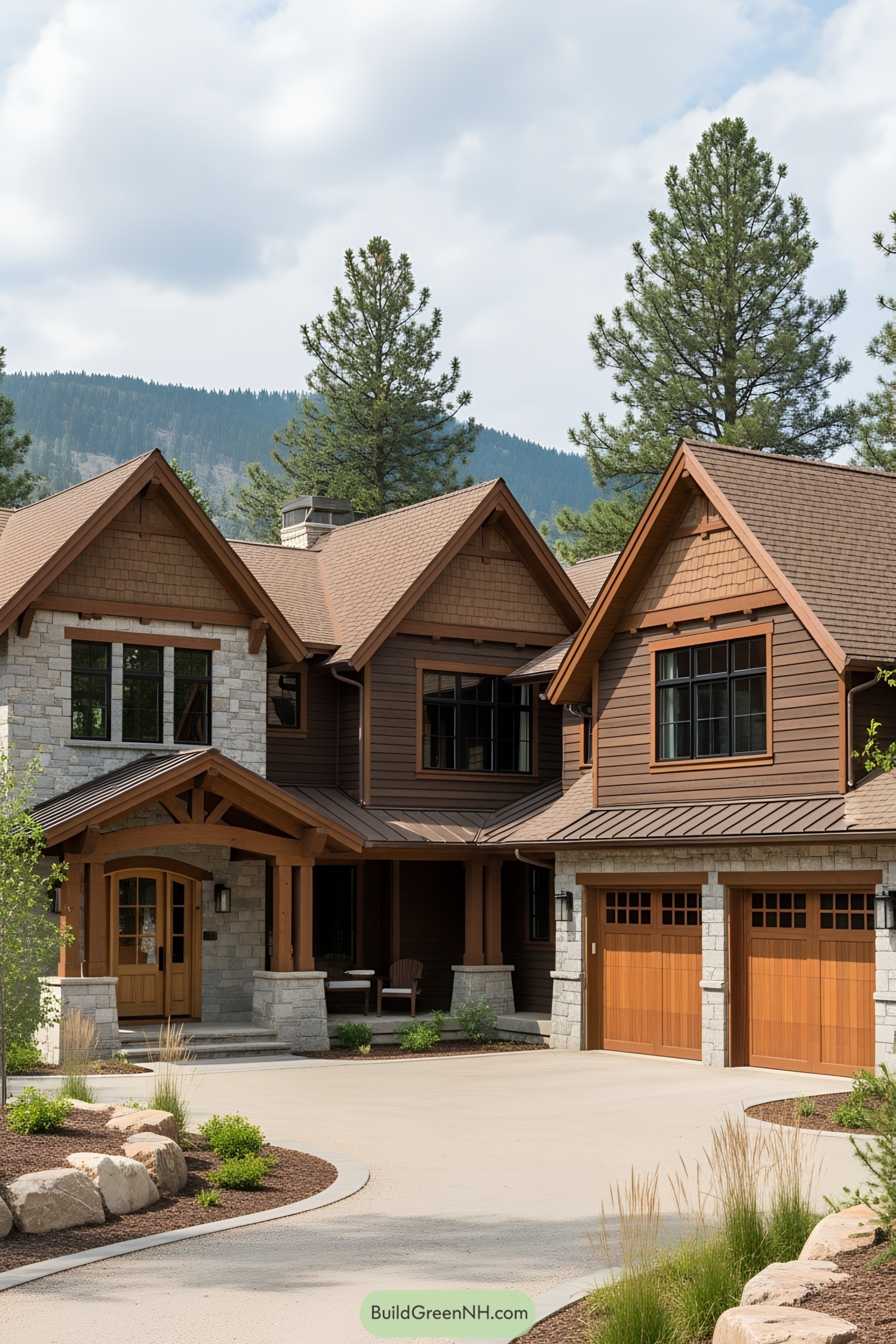 Luxury craftsman house with stone and wood
