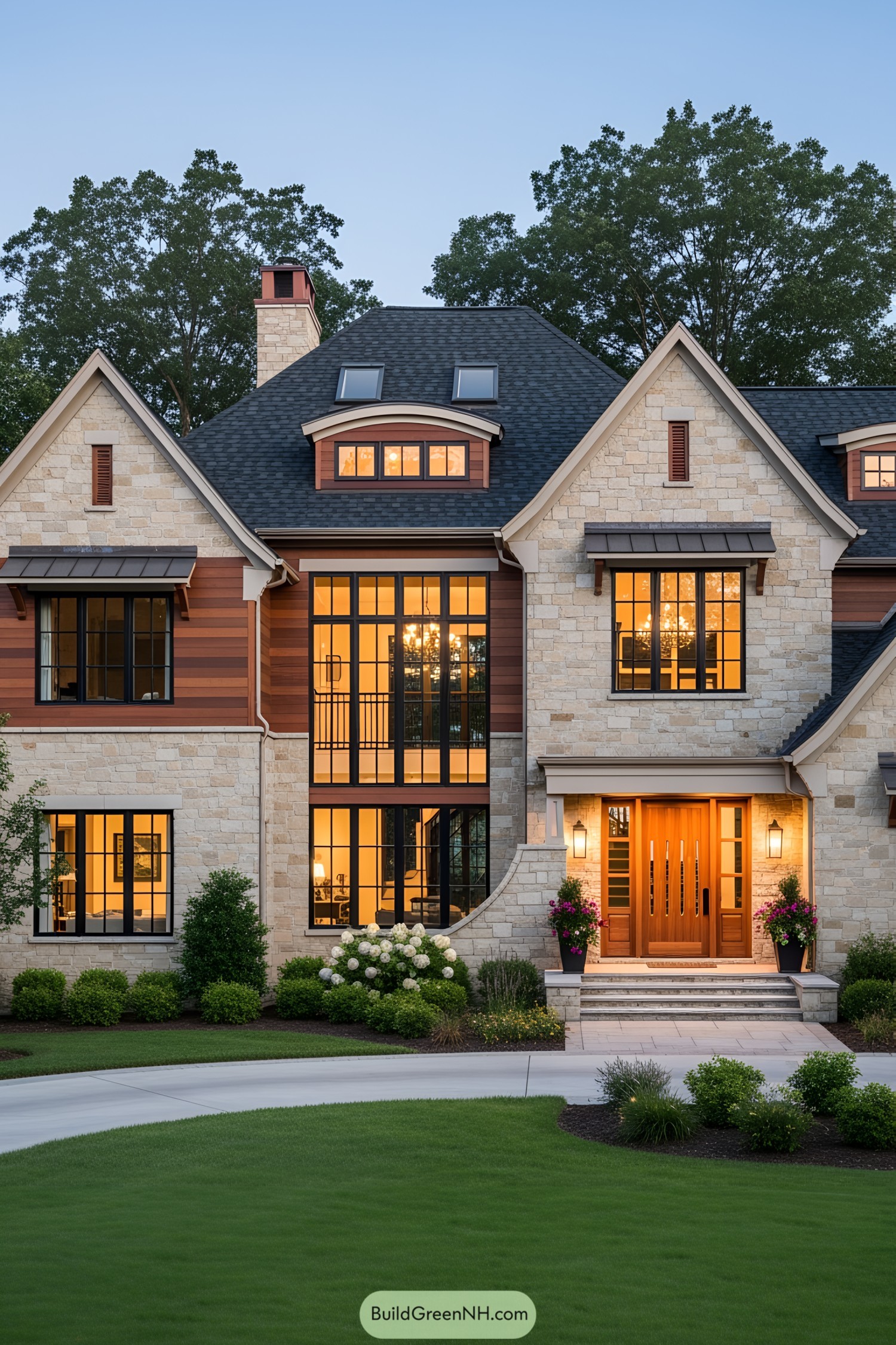 Elegant craftsman house with stone facade and large windows