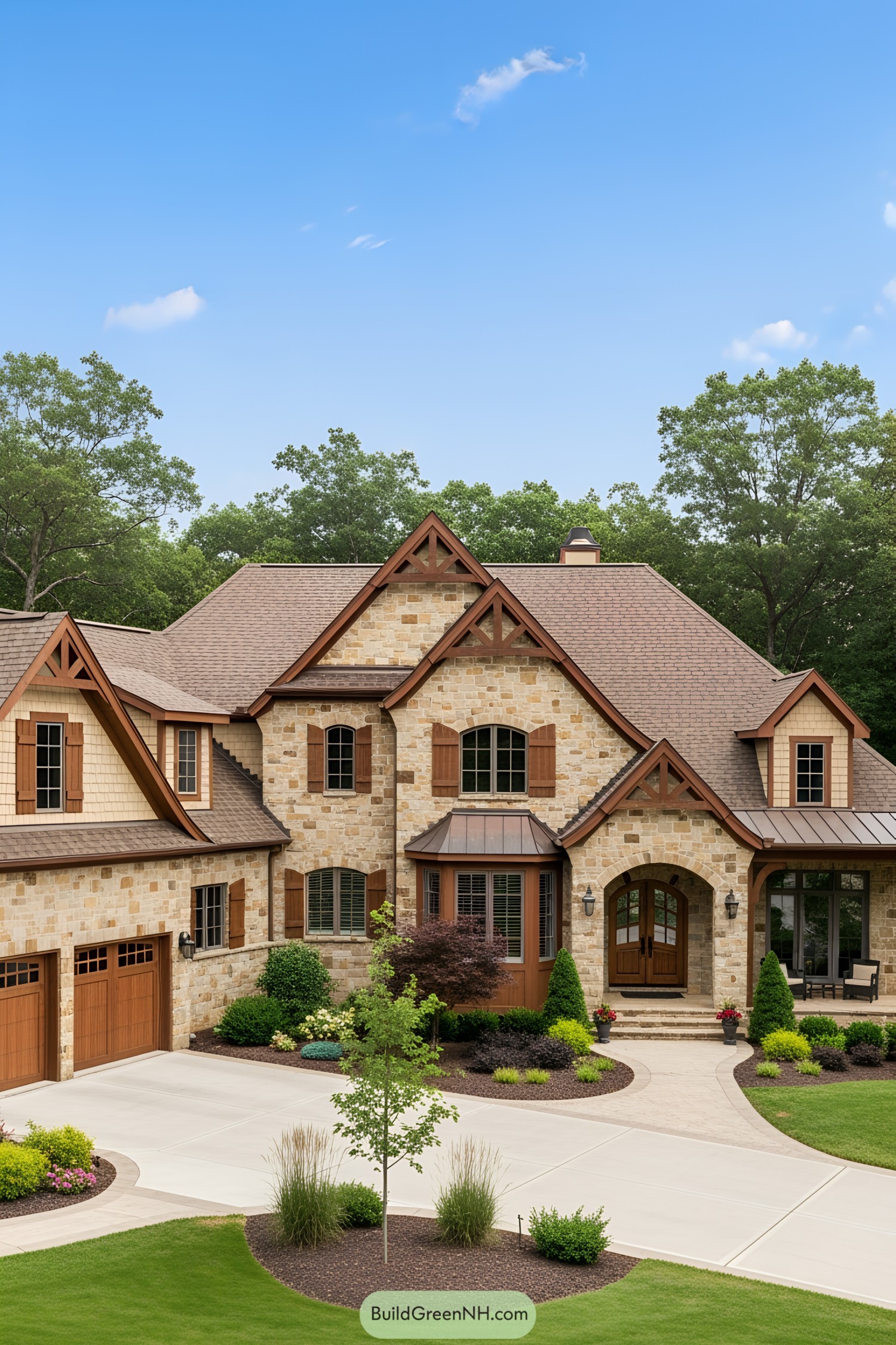 Luxury craftsman house with stone facade and lush landscaping