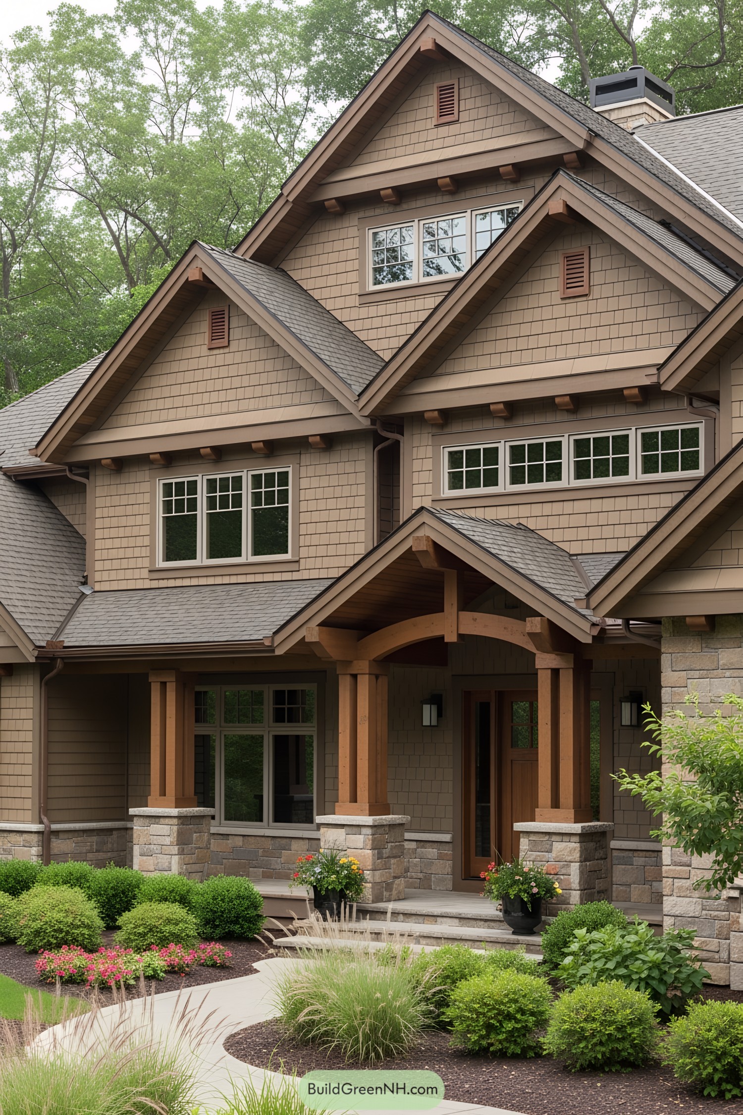 Elegant craftsman house with wooded backdrop