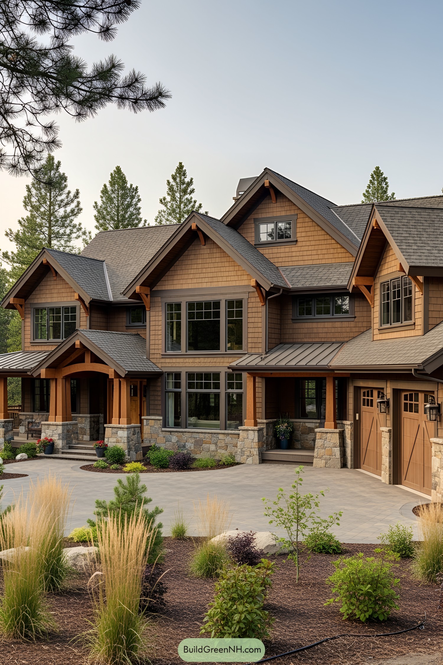 Luxurious craftsman house surrounded by verdant landscaping