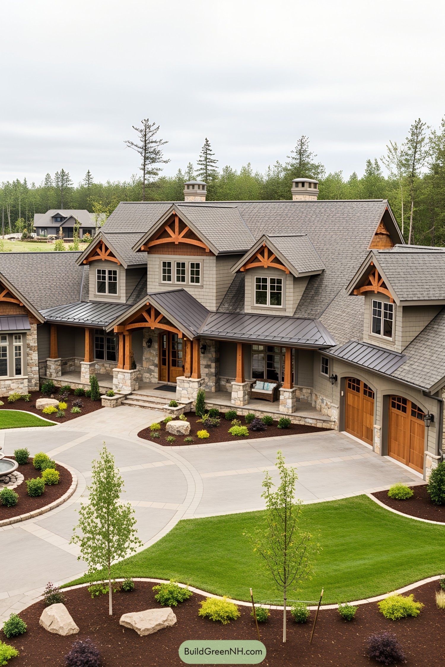 Luxury craftsman house with wood and stone accents