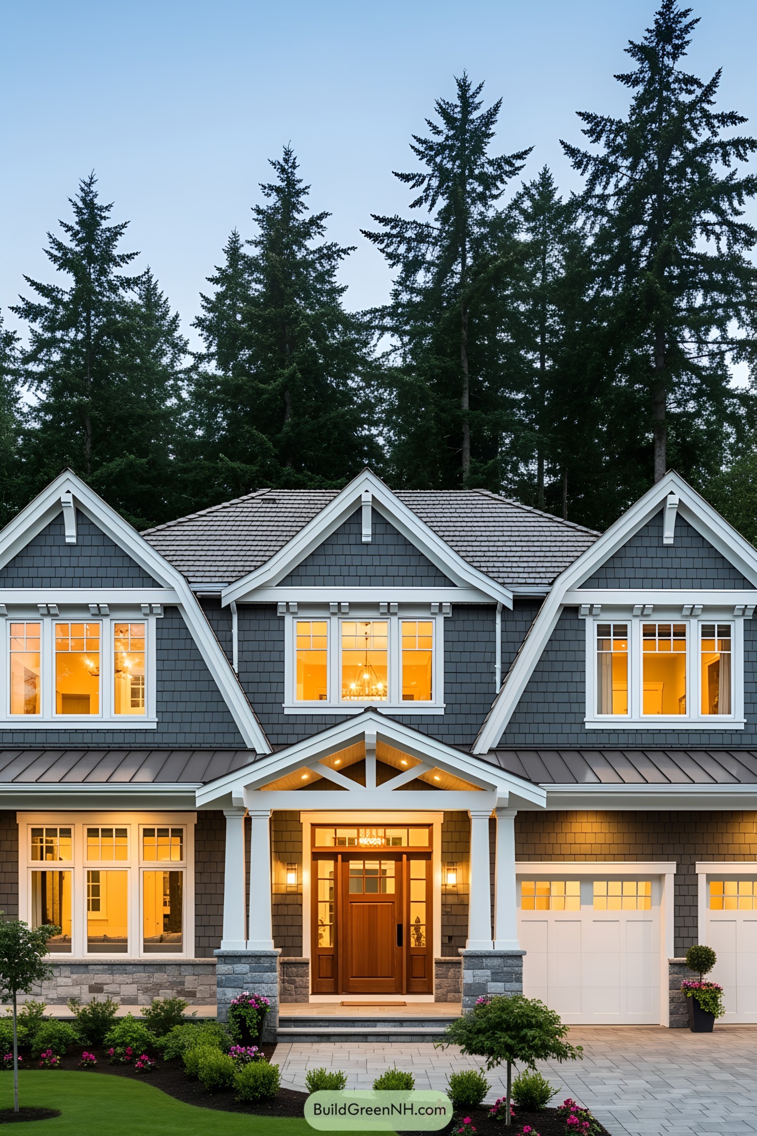 Luxury craftsman house amidst tall trees