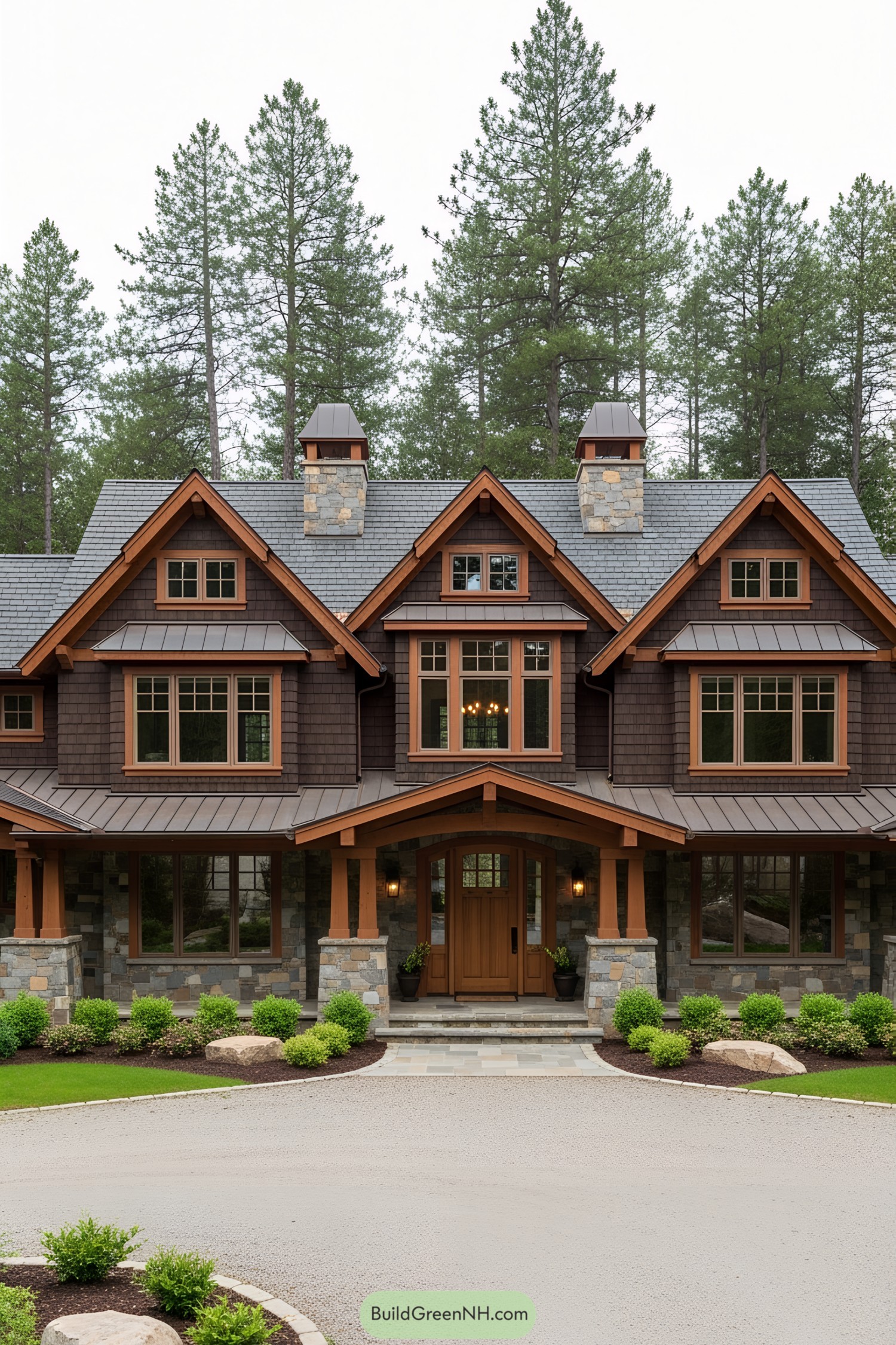 Luxury craftsman house with stone and wood facade
