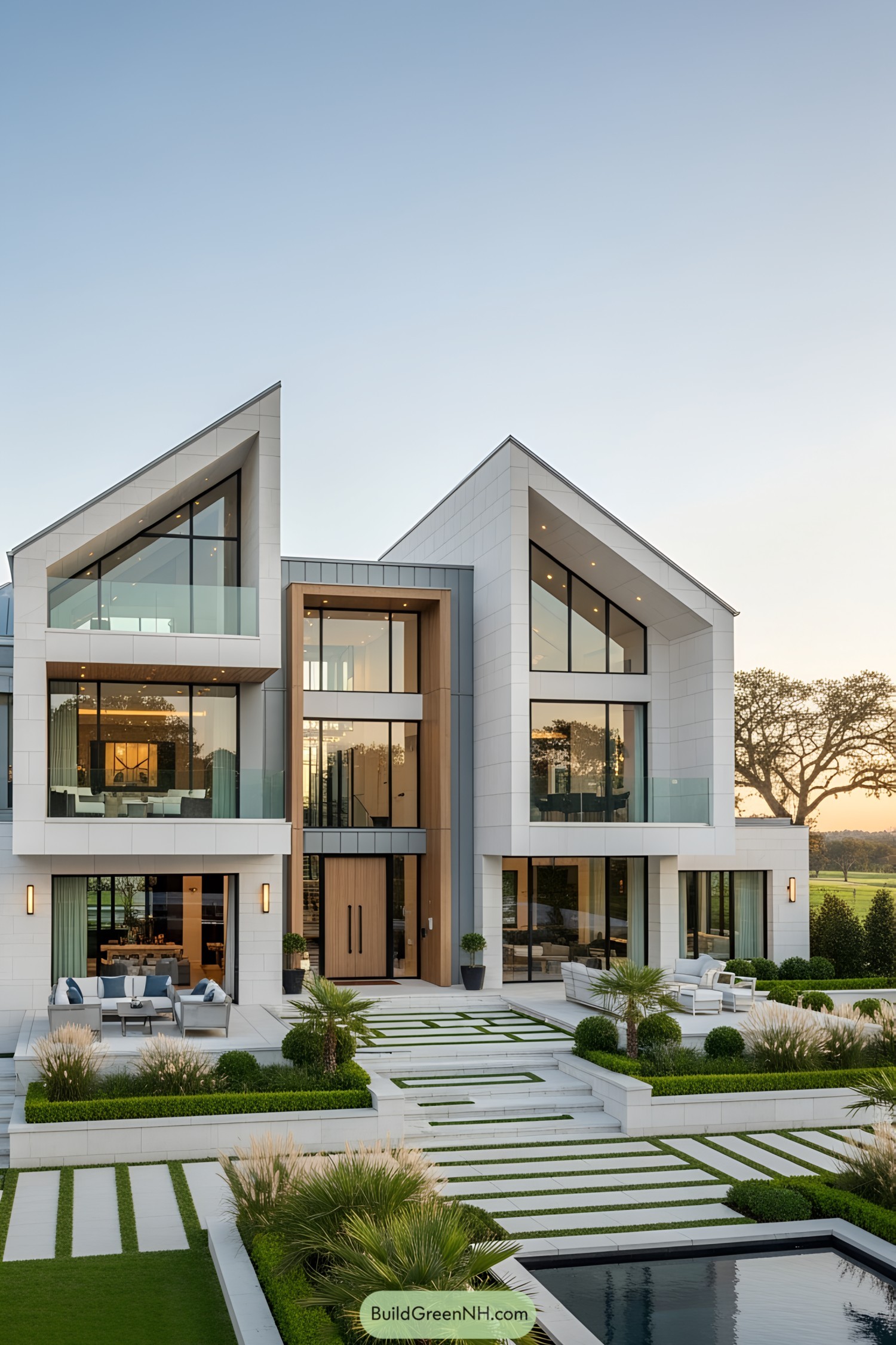 Modern house facade with angular design and lush garden