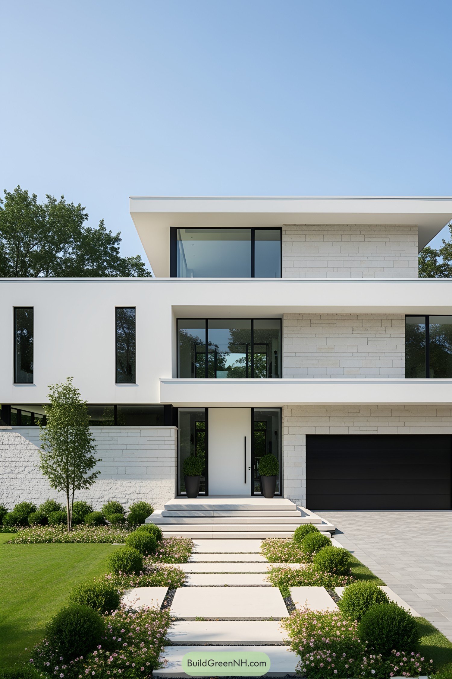 Modern house with clean lines and manicured landscaping