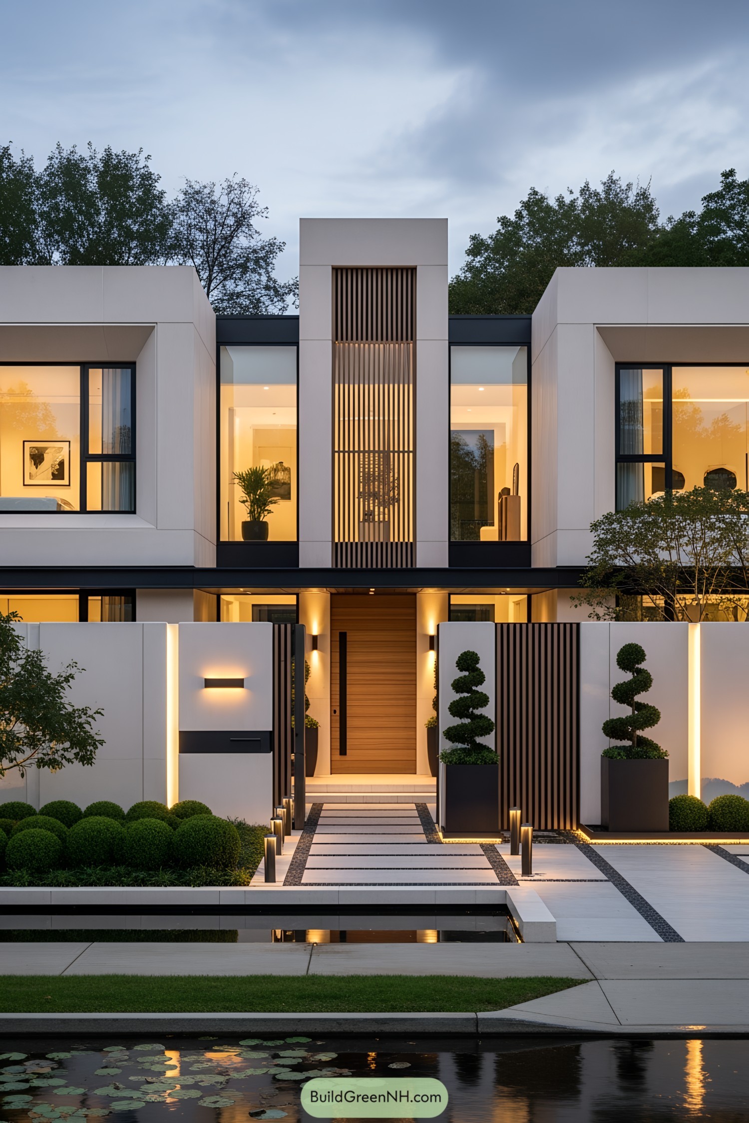 Modern luxury home with geometric design and large windows