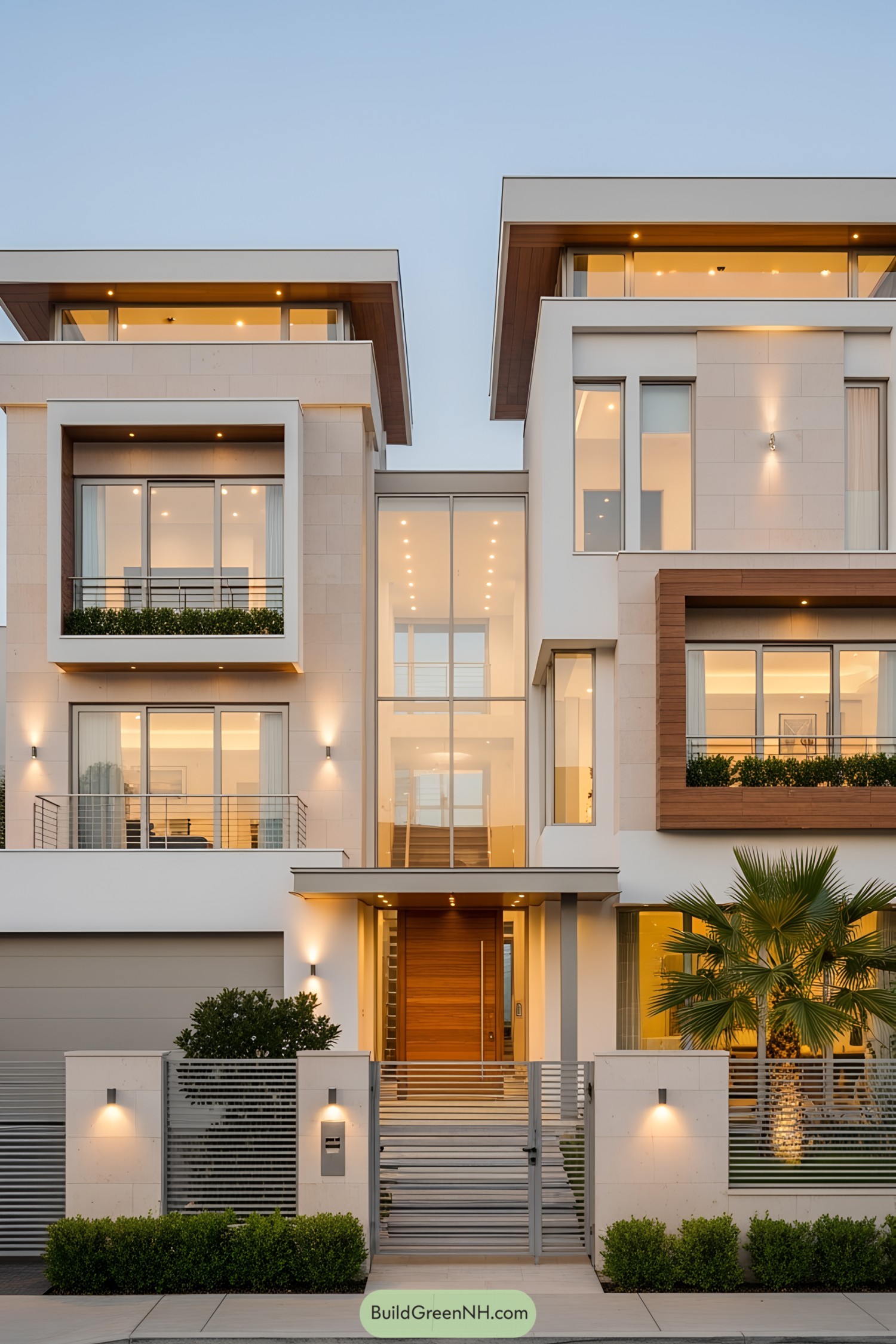 Luxury house facade with illuminated windows and sleek design