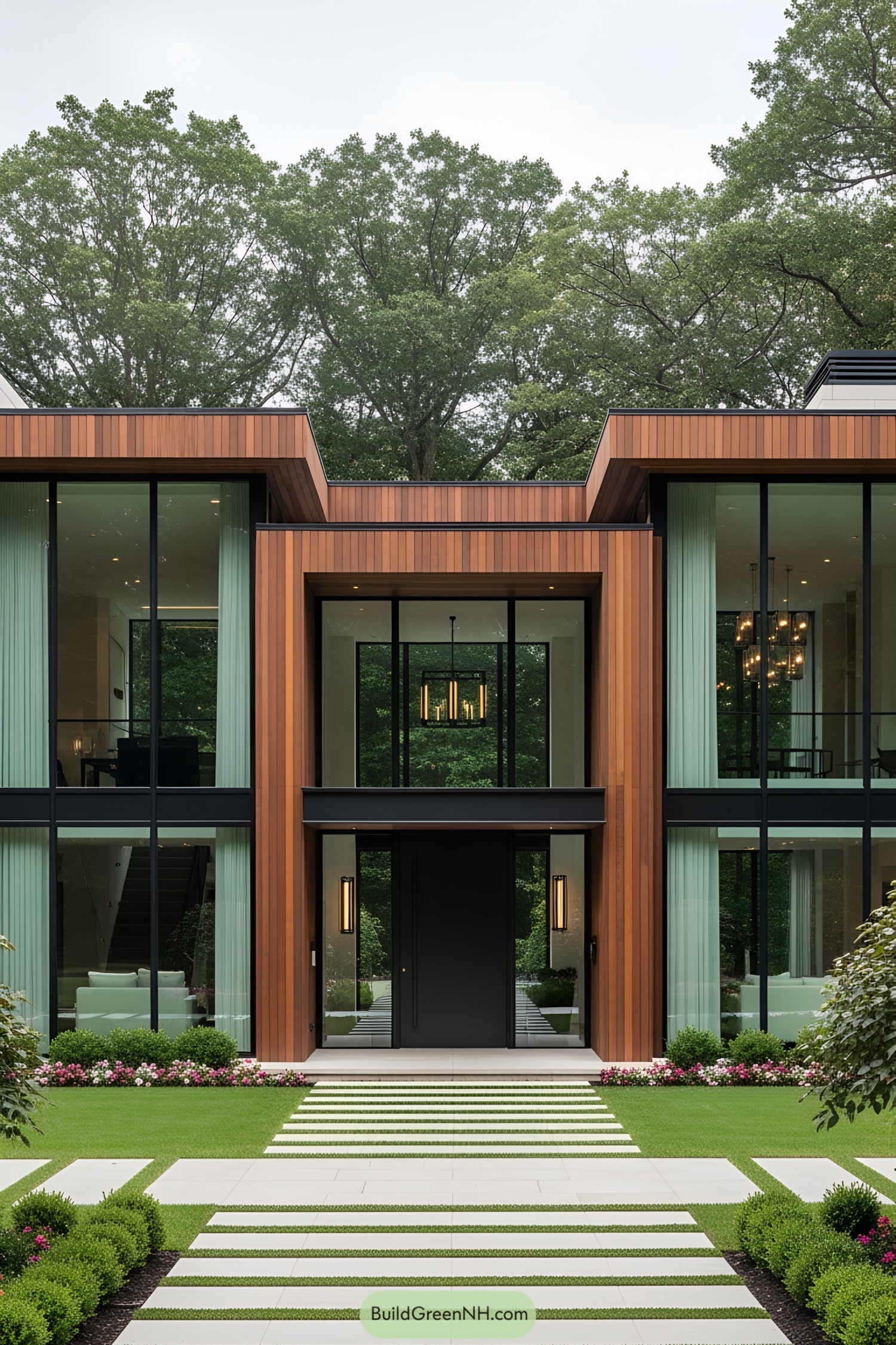 Modern luxury house exterior with large windows and wooden accents
