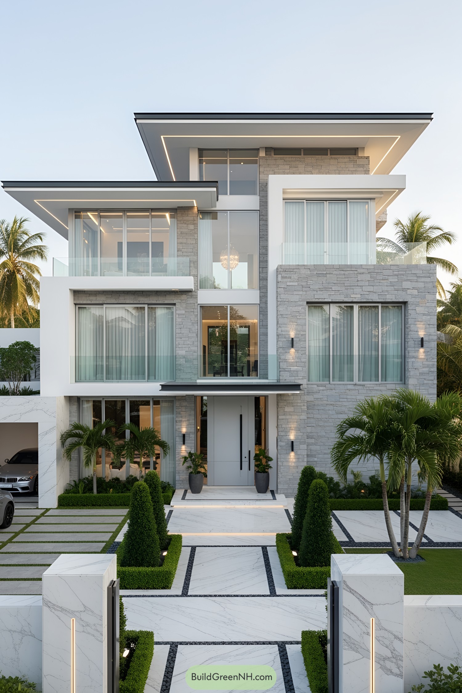 Luxurious modern house with geometric design and palm trees