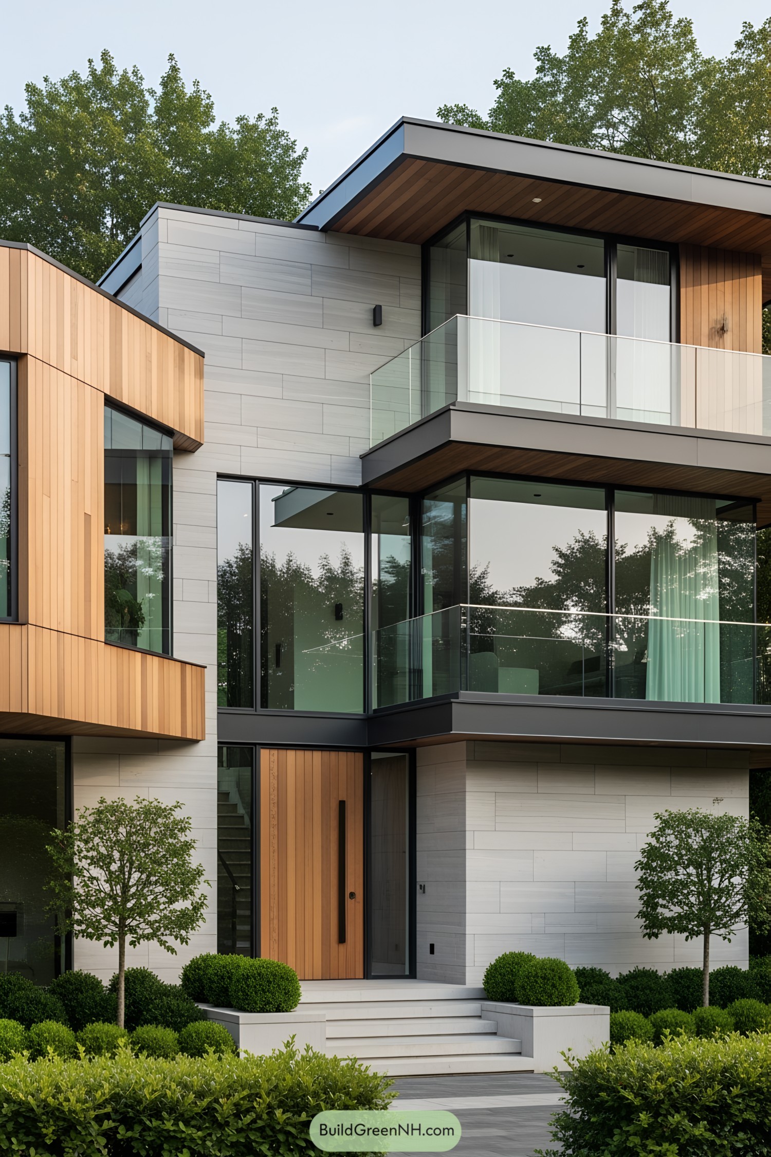 Modern house with glass facade and wooden accents