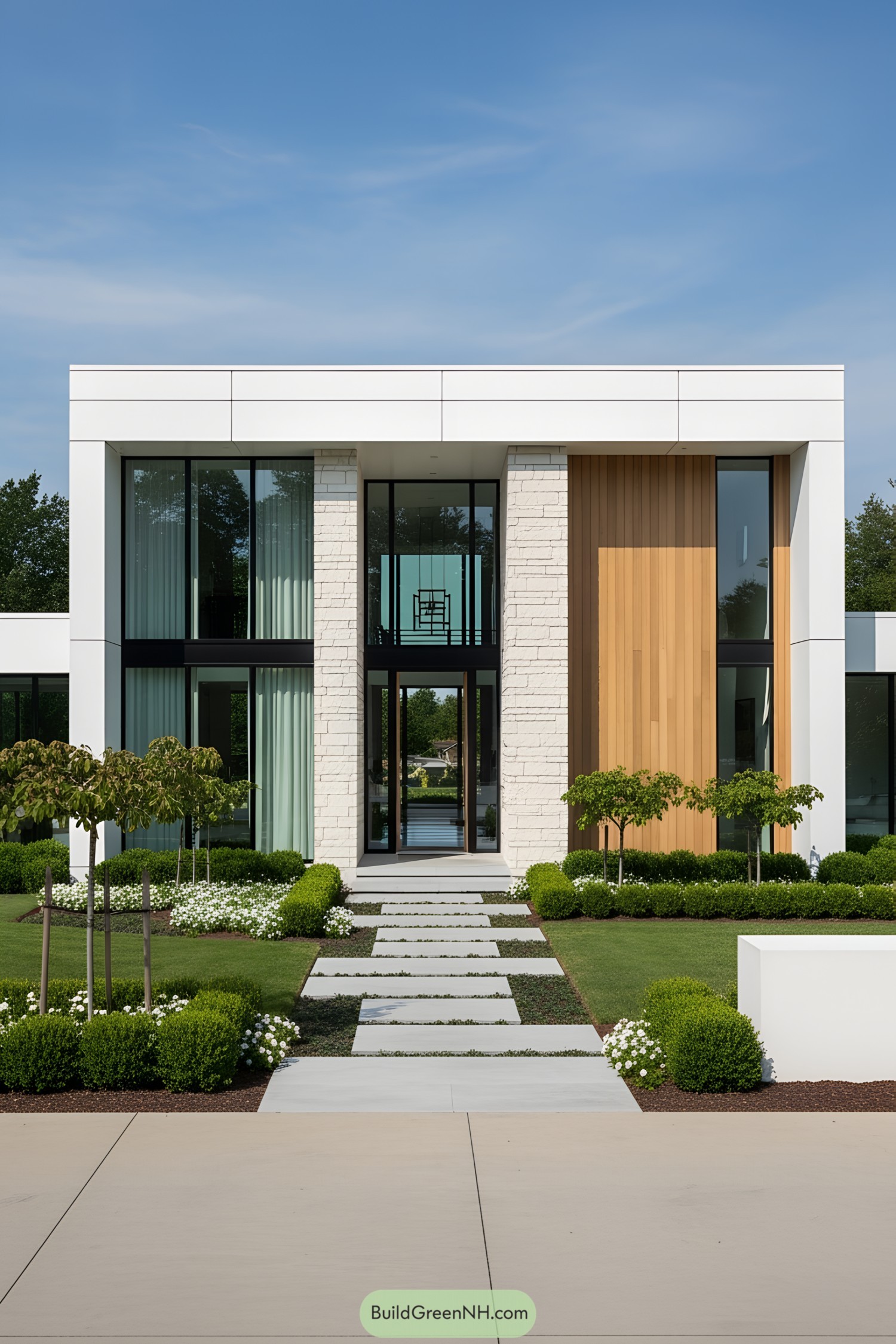 Modern, minimalist luxury house facade with lush garden