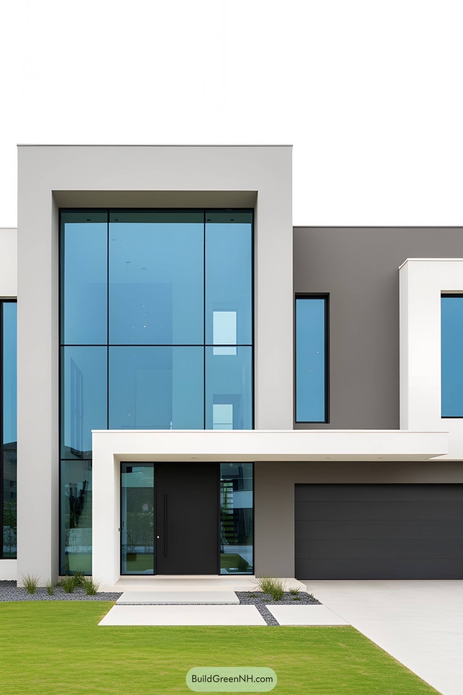 Modern luxury house facade with large windows and a sleek design