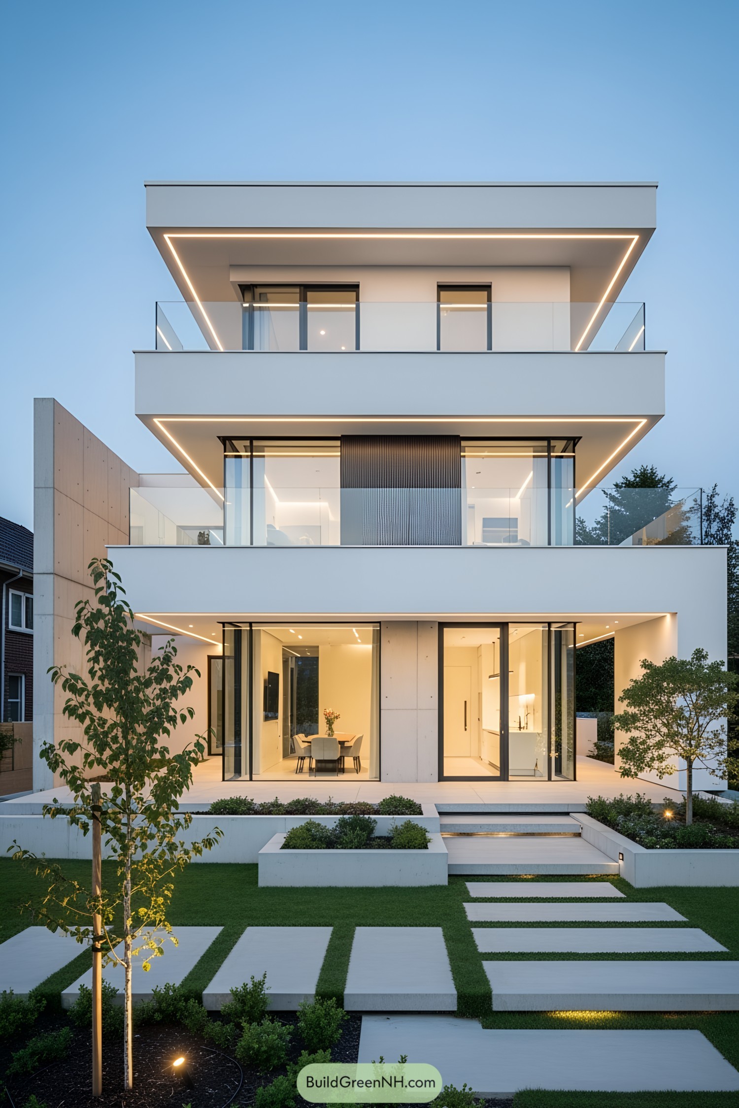 Modern white three-story house with large glass windows and manicured landscape