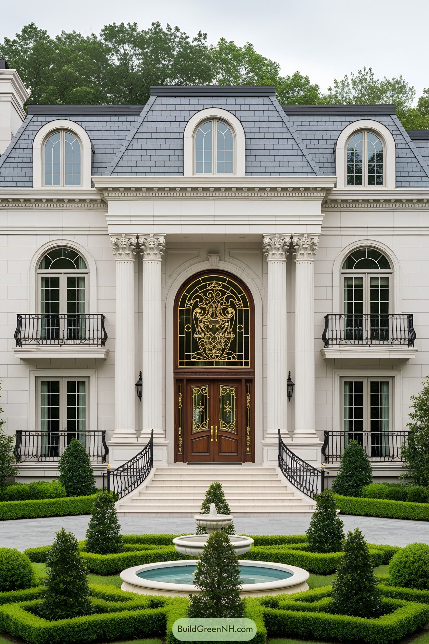 Luxurious mansion with classical columns and manicured garden