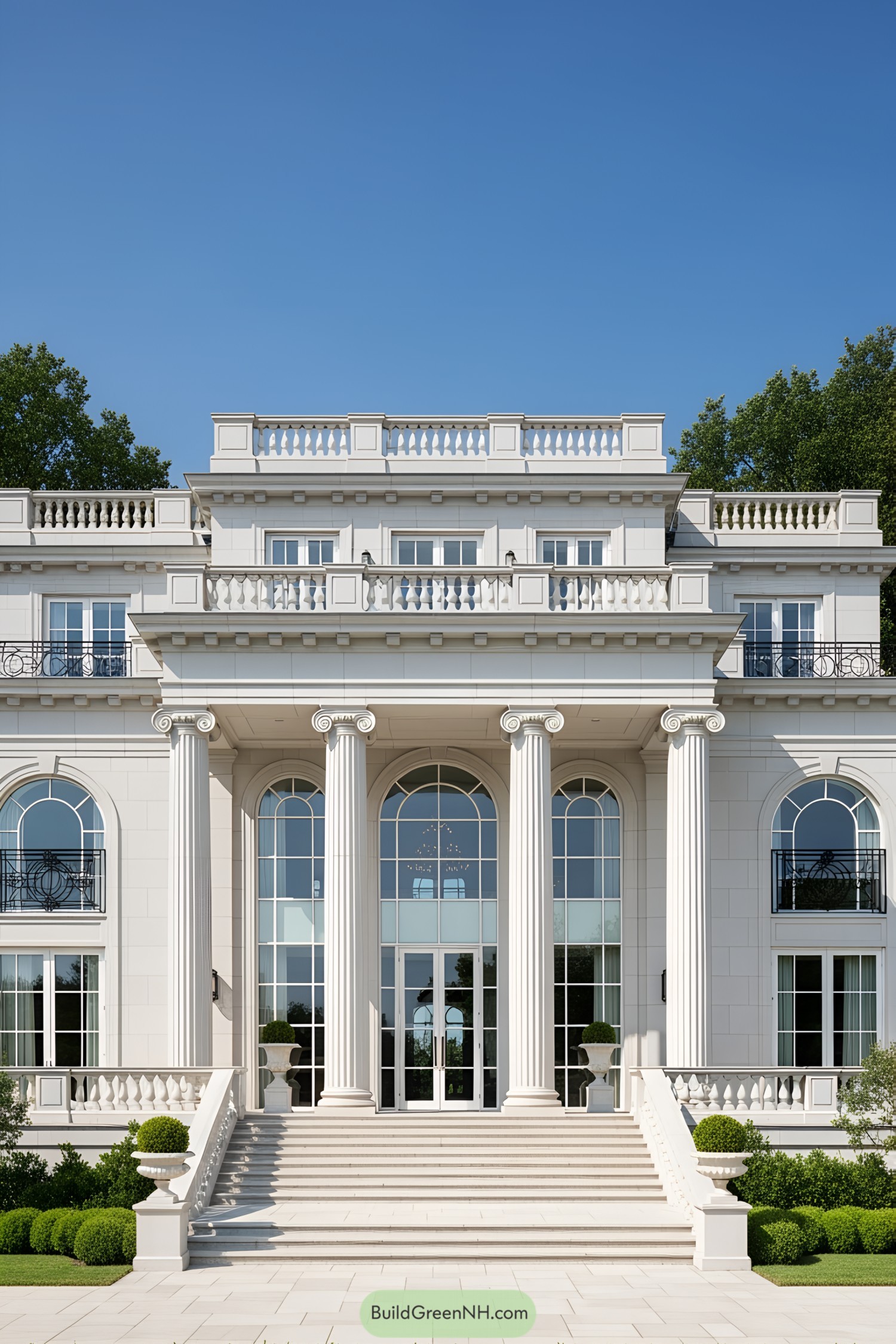 Elegant mansion with grand columns and symmetrical design