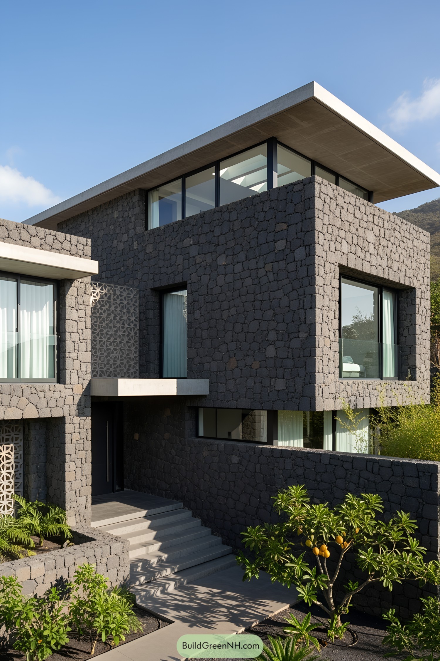 Tropical modern house with volcanic stone facade and lush greenery