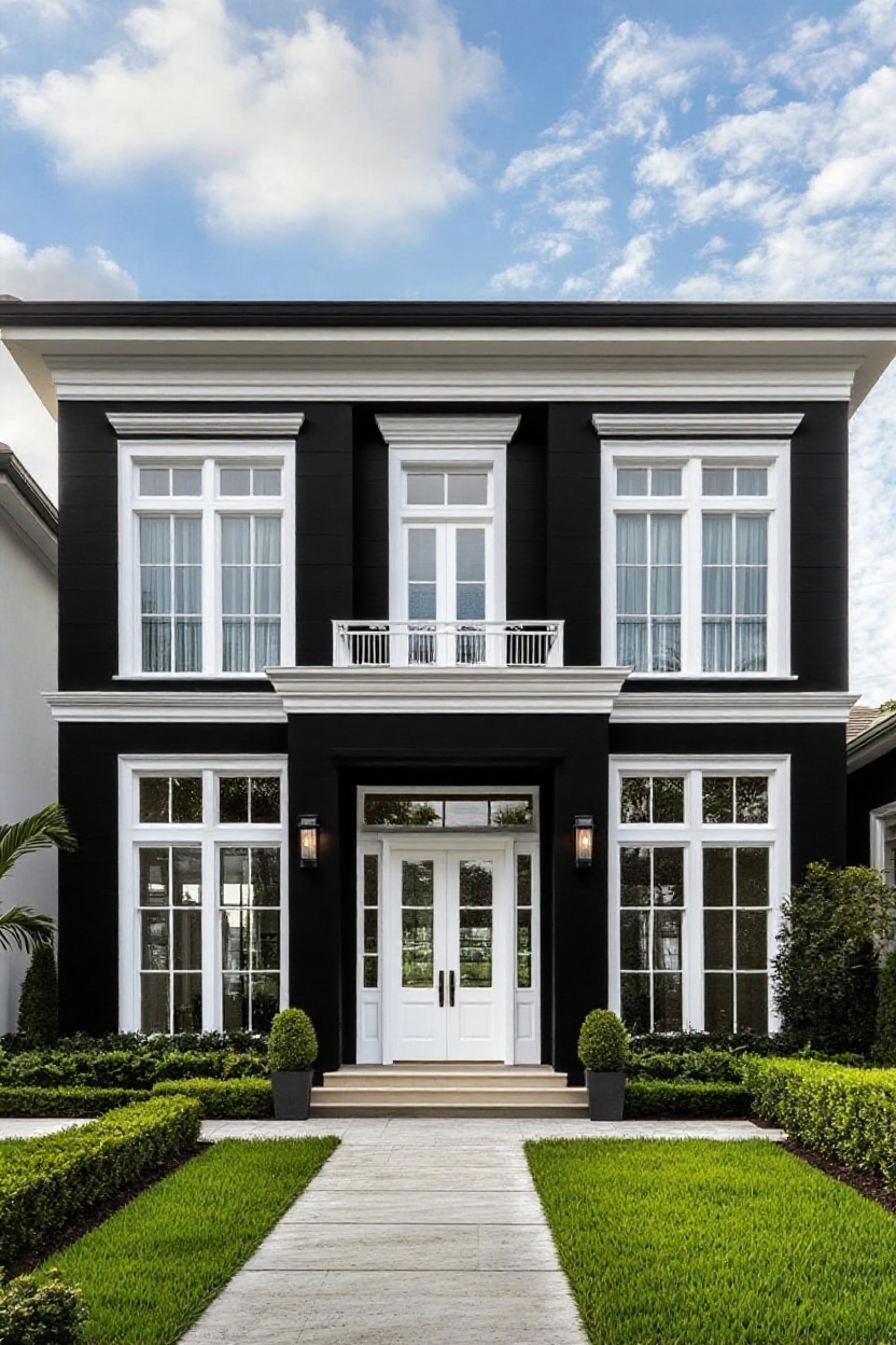 change house color to black with white window and door trims