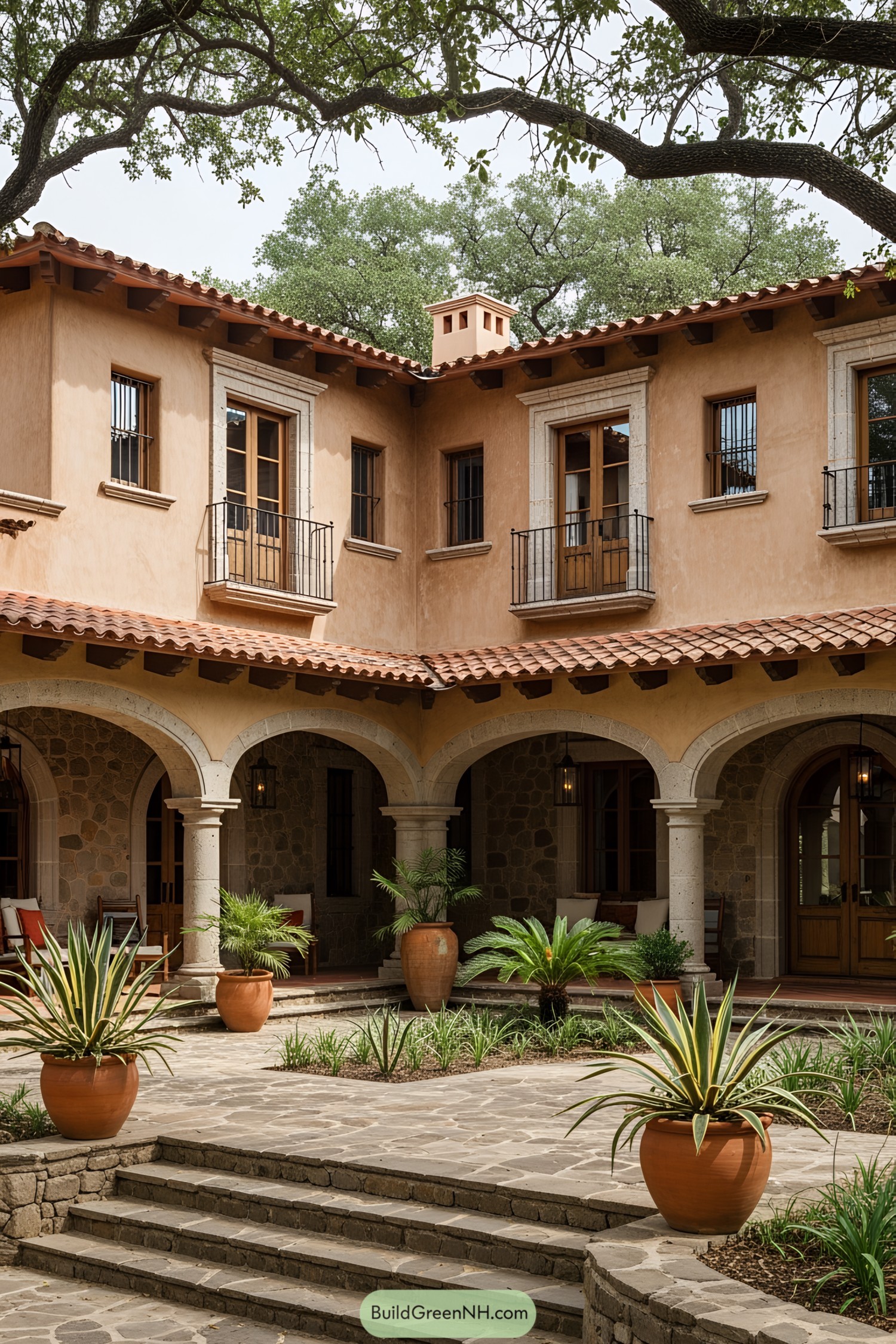 Traditional Mexican ranch house with stone arches and terracotta elements