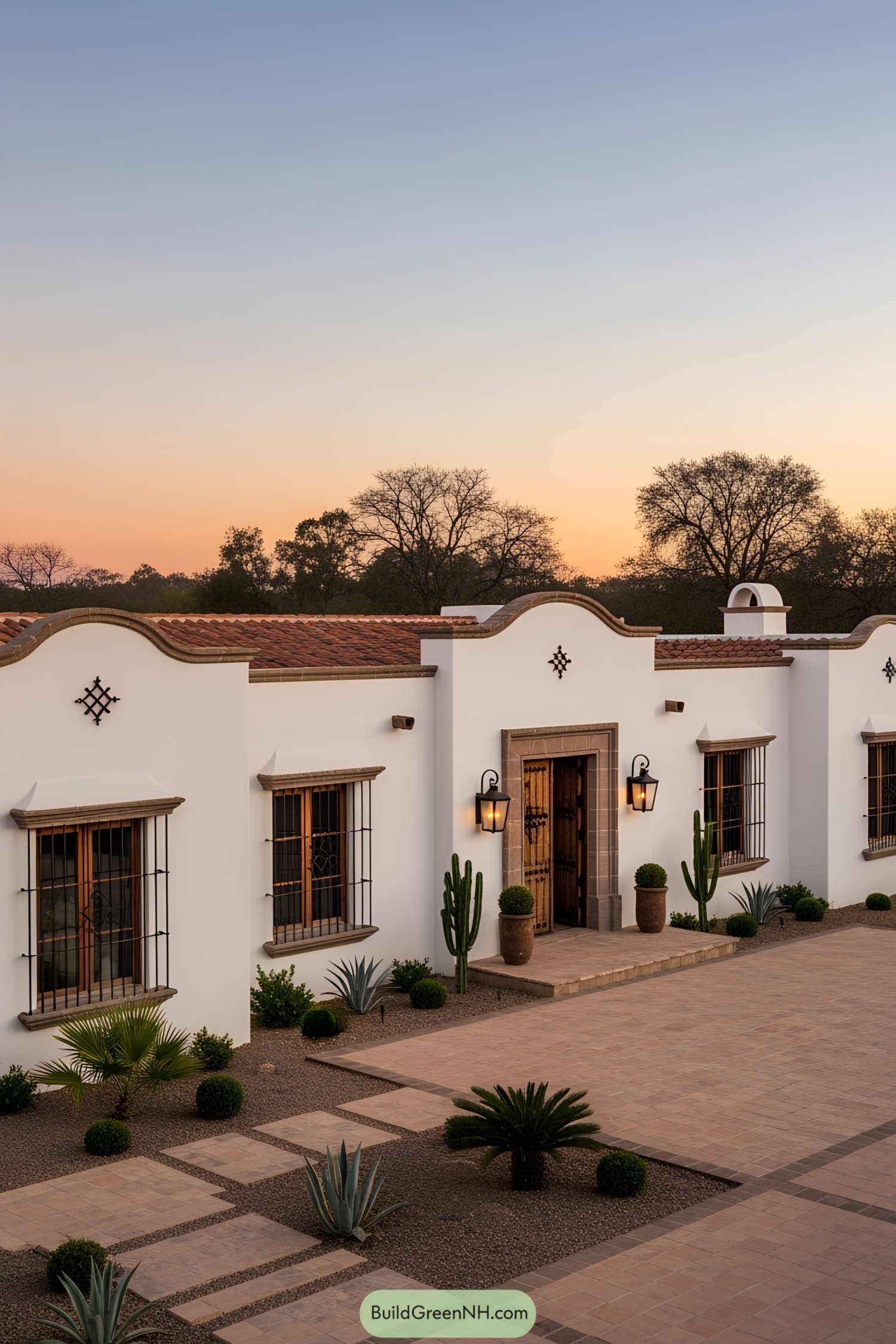 White Mexican ranch house with cacti and clay tiles