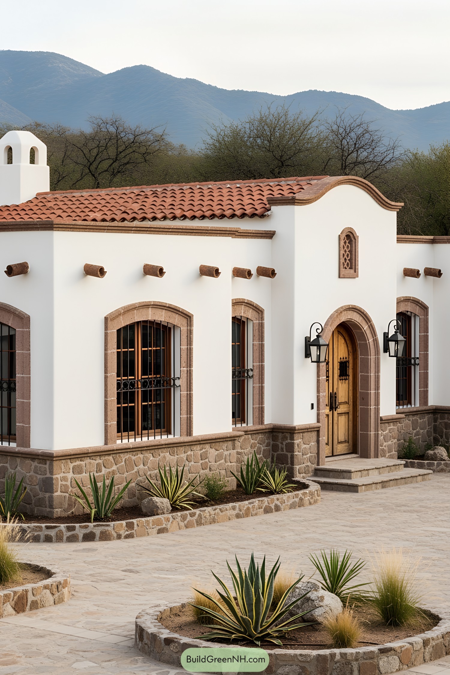 White stucco ranch house with red tile roof and stone accents