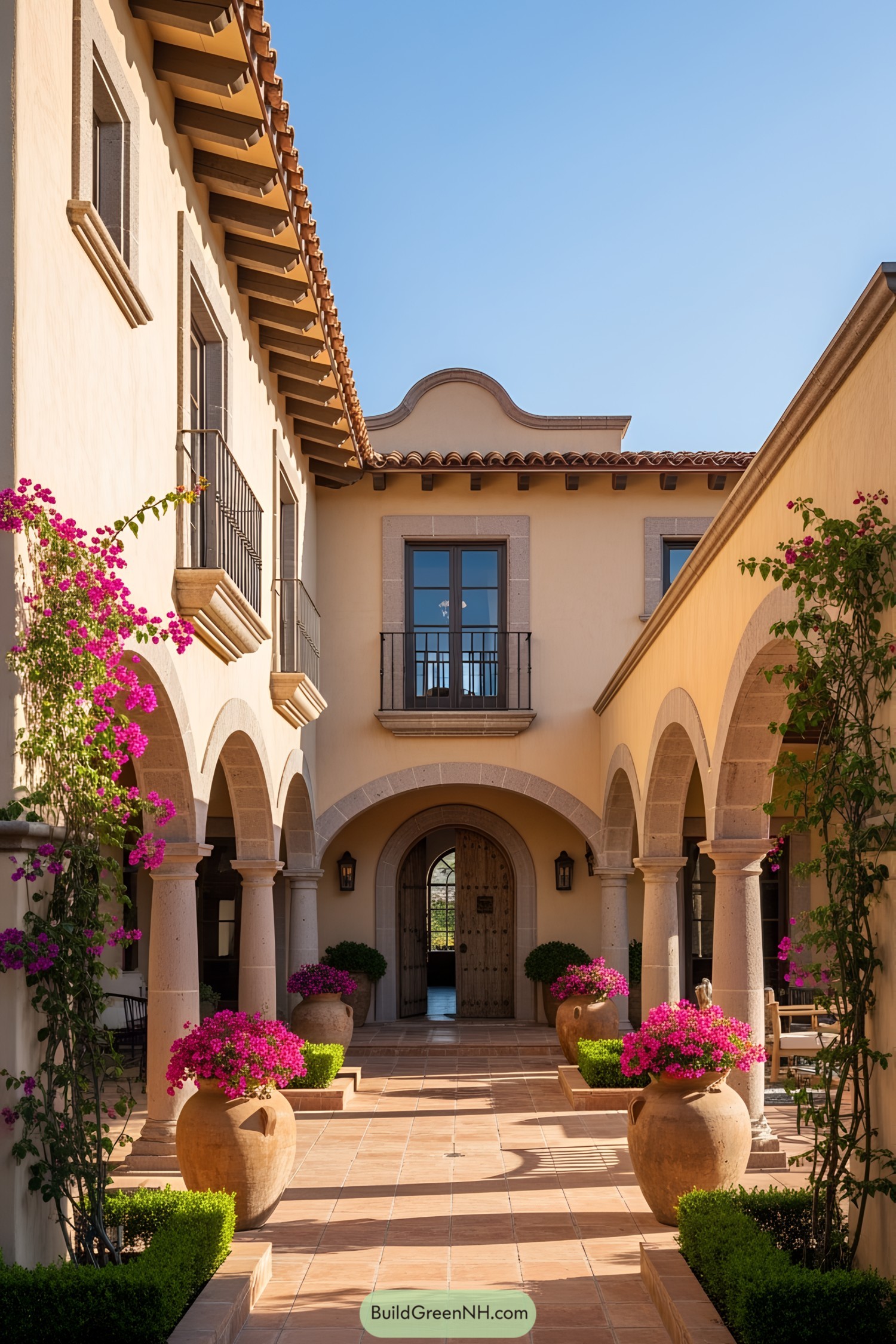 A sunlit courtyard with arches and vibrant flowers