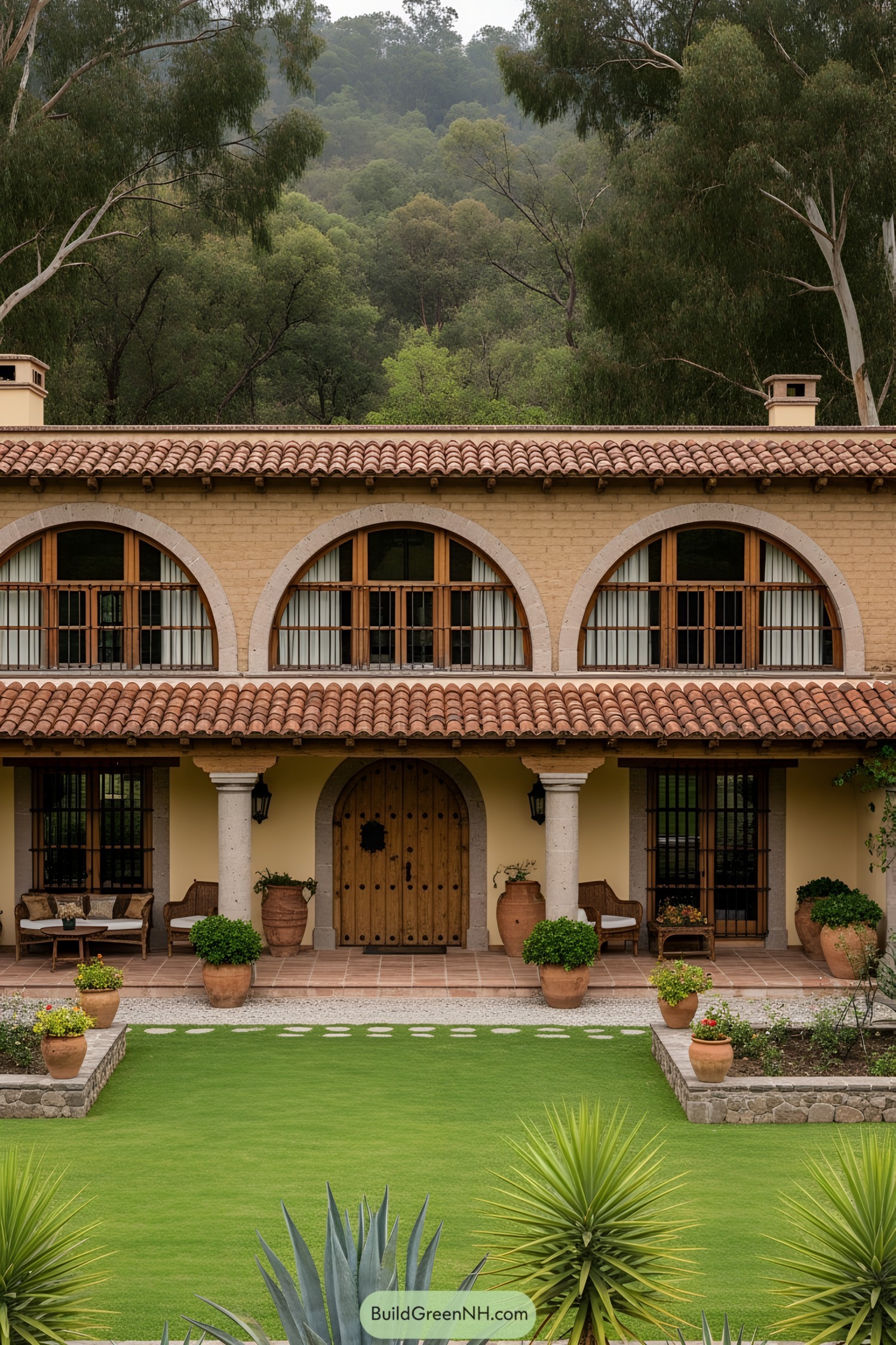 Mexican ranch house with arched windows and rustic charm