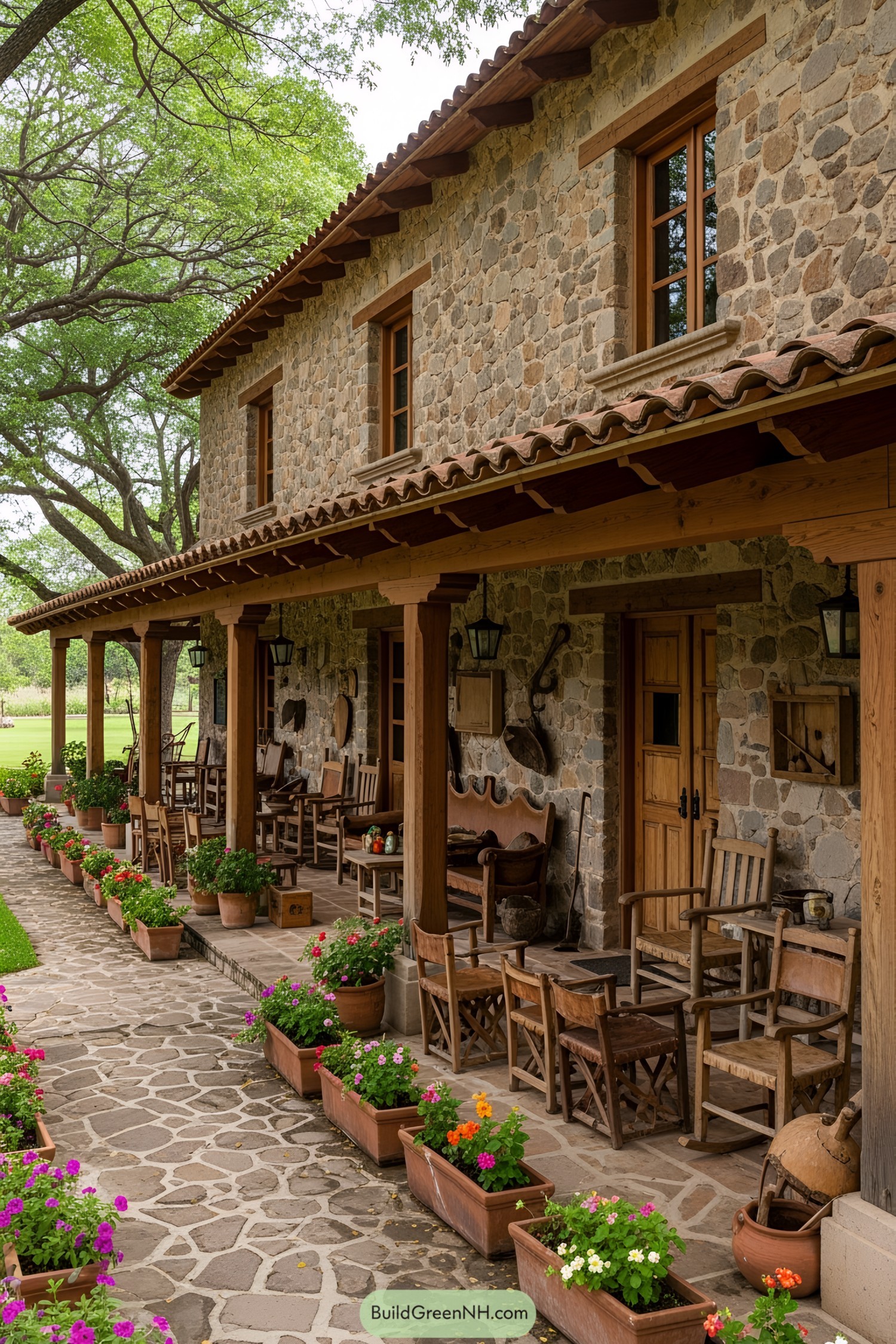 Stone ranch house with wooden porch and blooming flowers