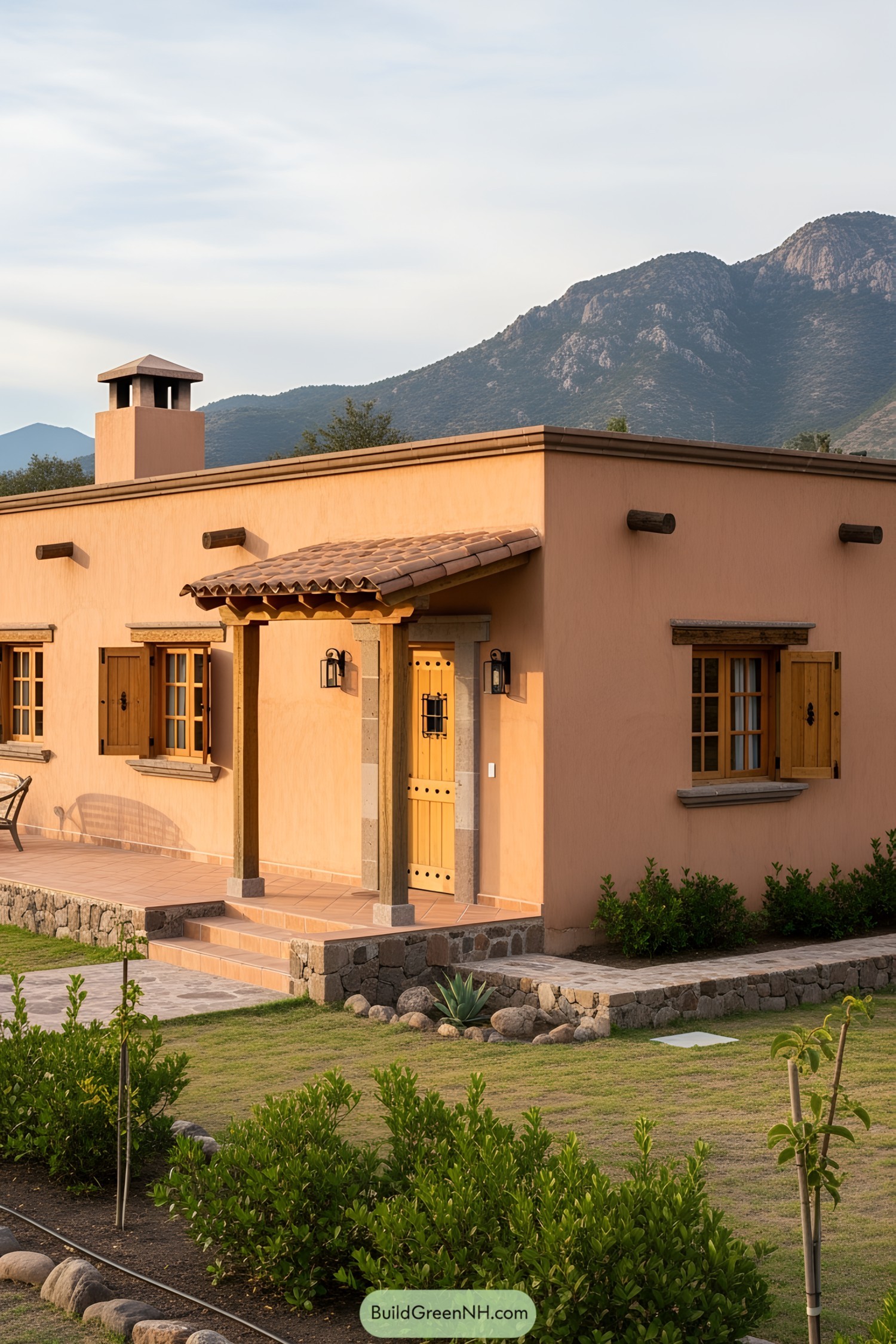 A quaint ranch house with a tiled roof and desert hues