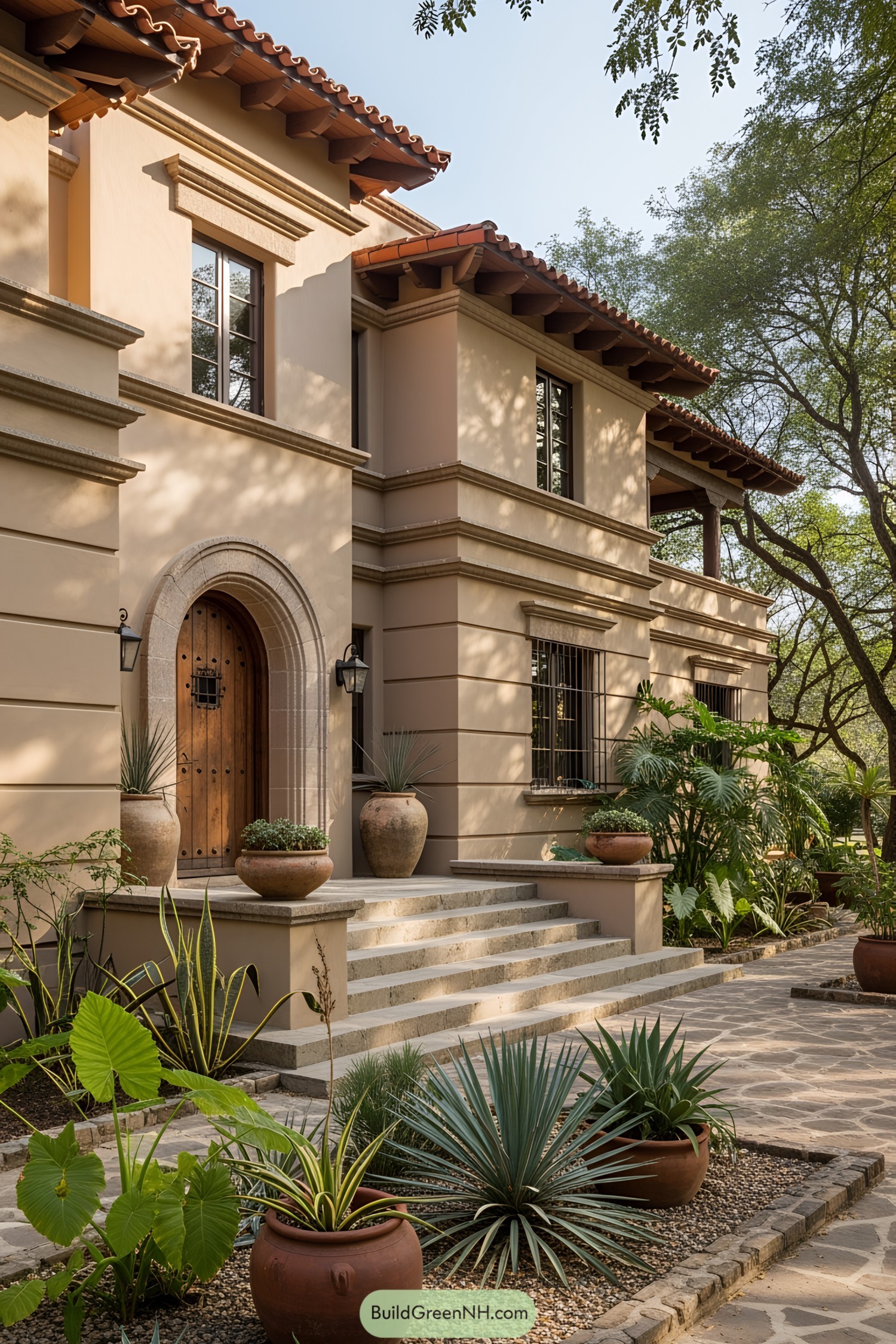 Entrance of a rustic Mexican ranch house surrounded by potted plants