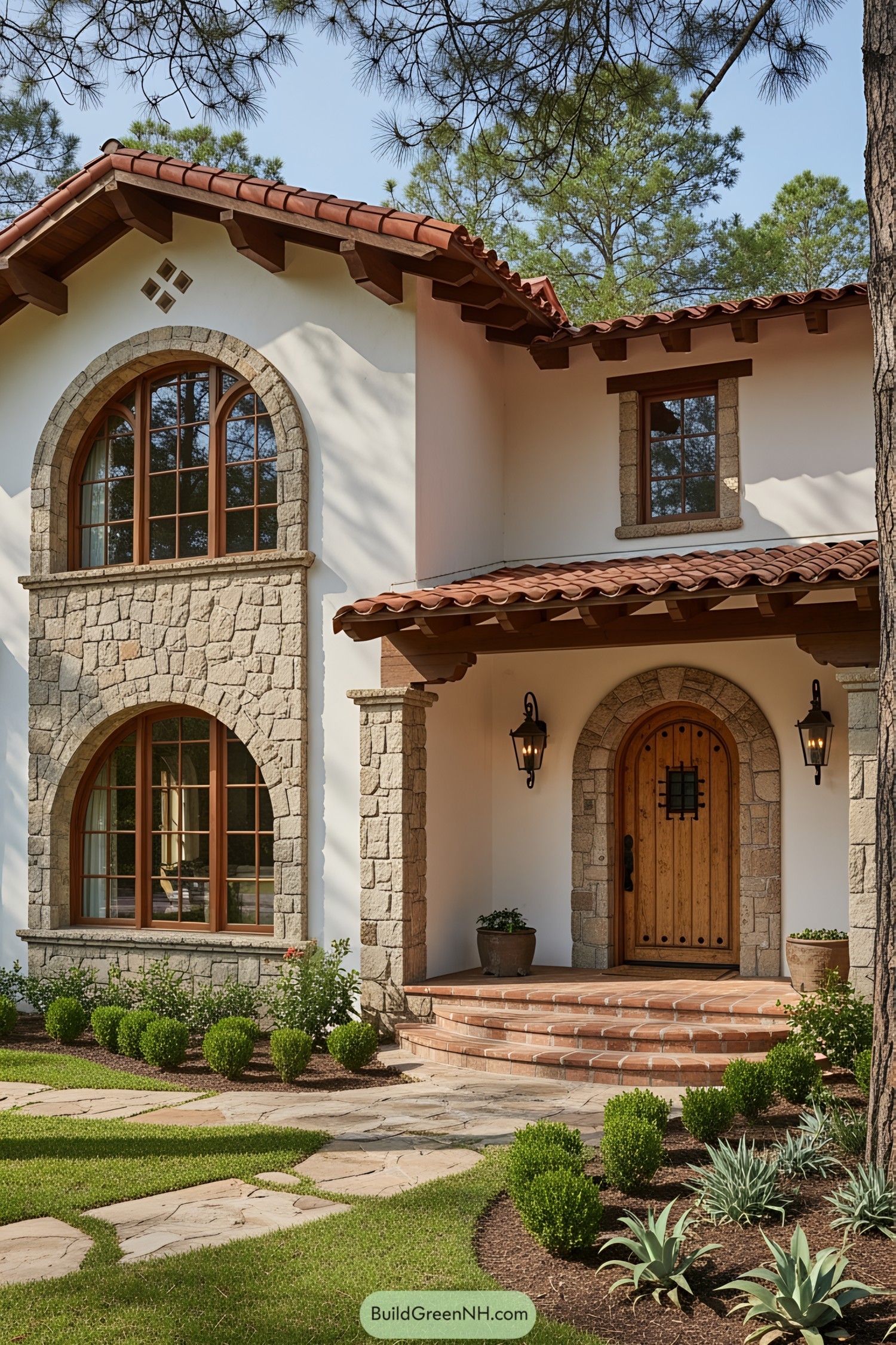 Charming Mexican ranch house with stone arches and a warm wooden door
