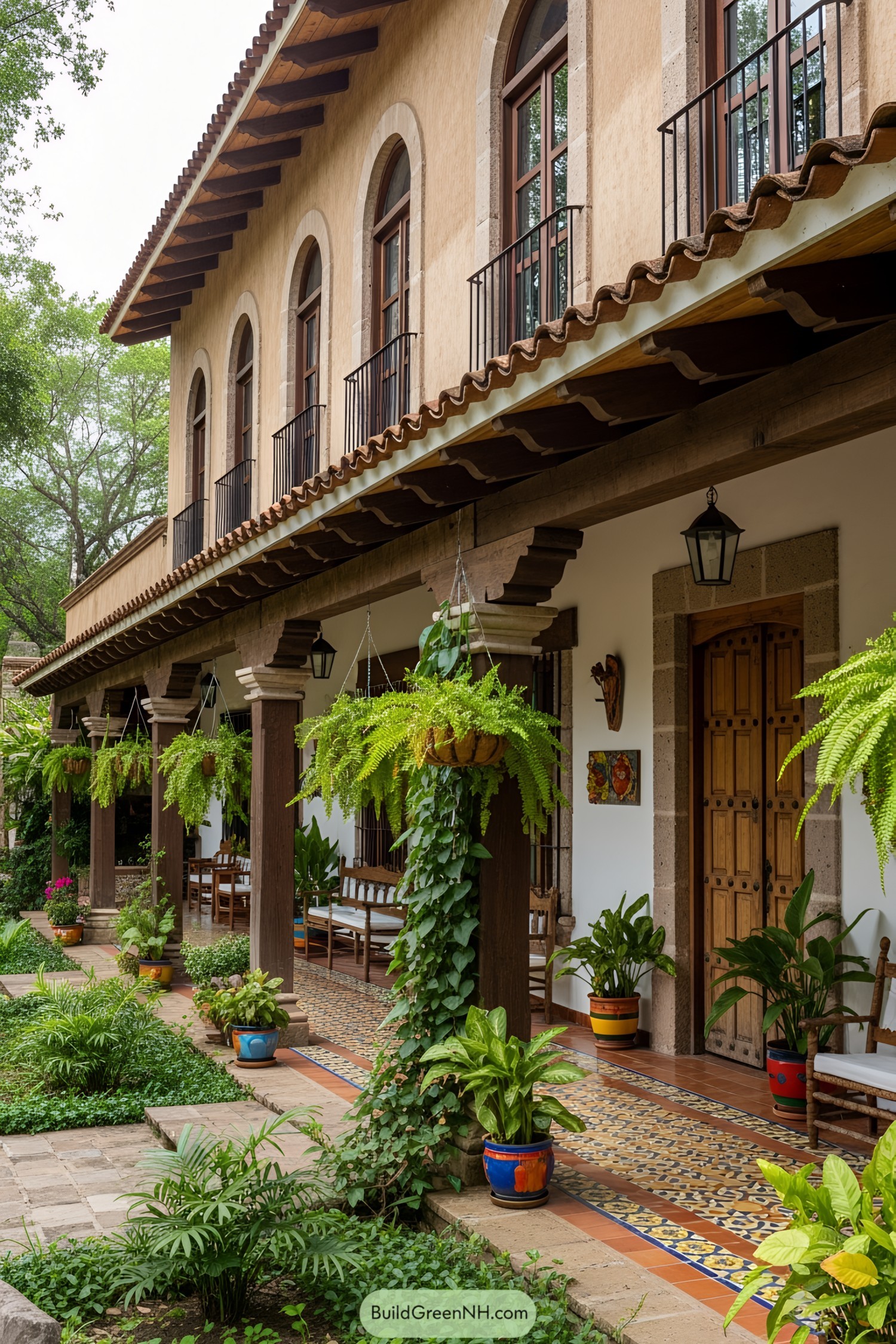 Mexican ranch house with vibrant plants and elegant arches