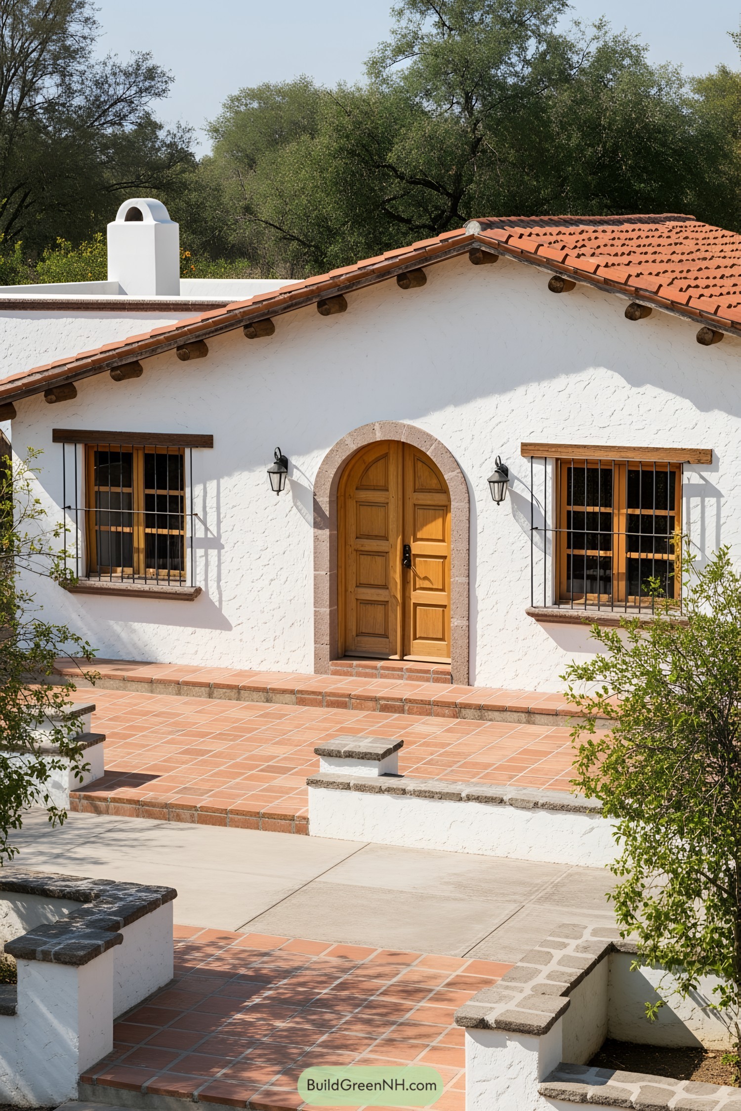 Traditional Mexican ranch house with white stucco walls and terracotta roof tiles