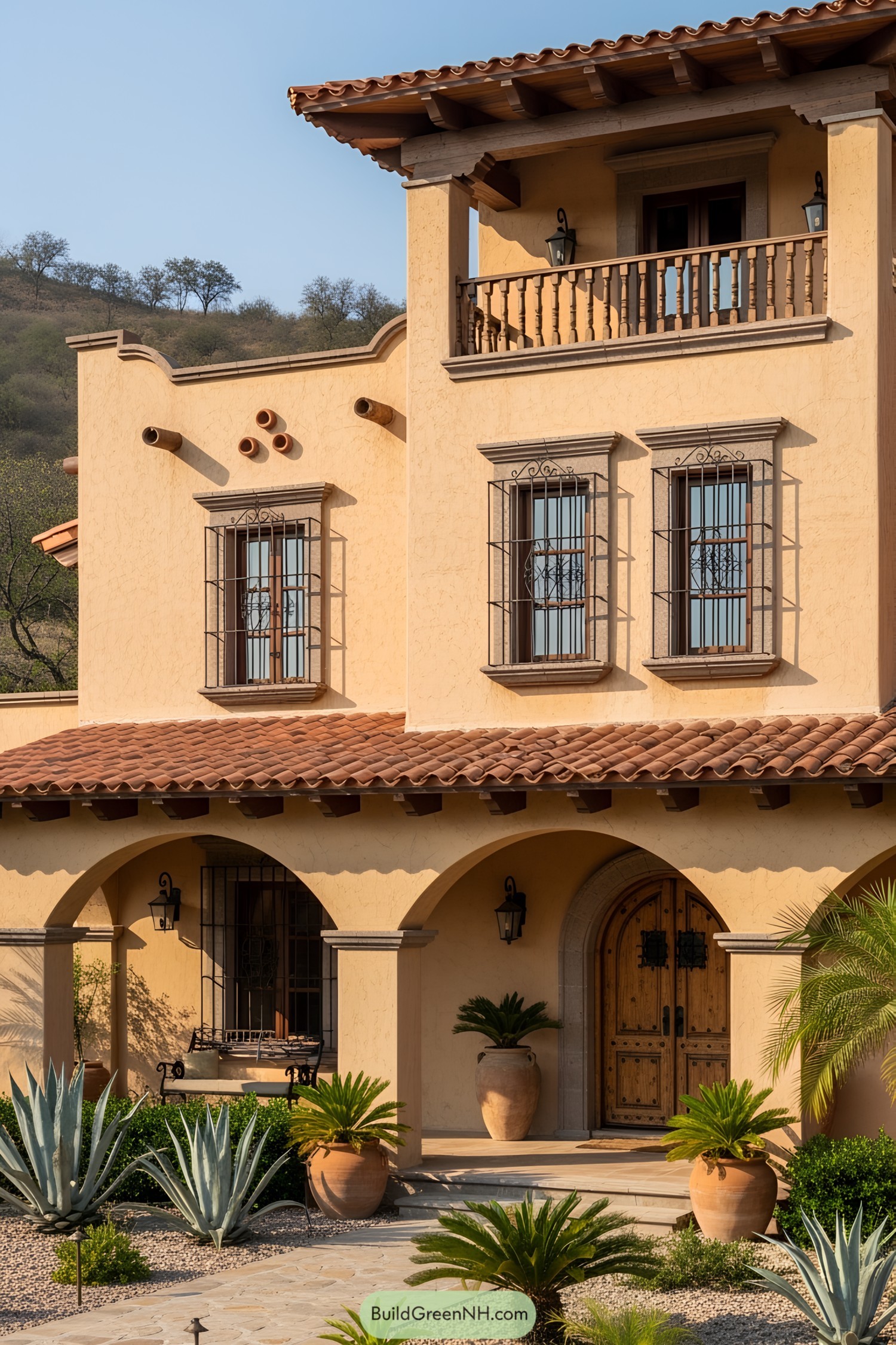 Mexican ranch house with clay tiles and cactus garden