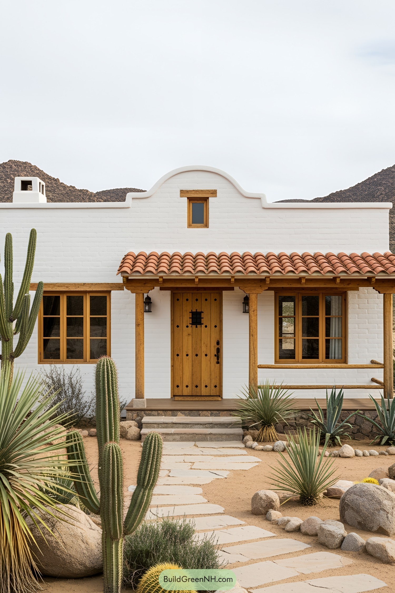 Mexican ranch house with a wooden door and cacti