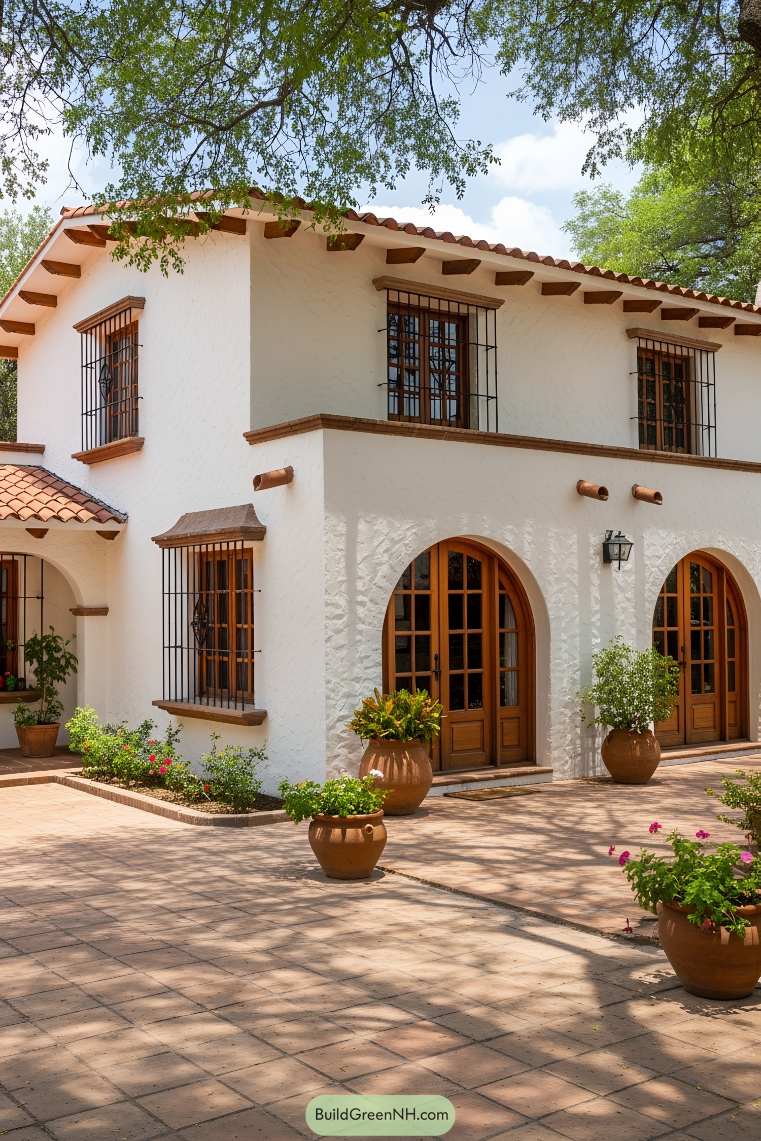 Charming Mexican ranch house with clay tile roof and arched doorways