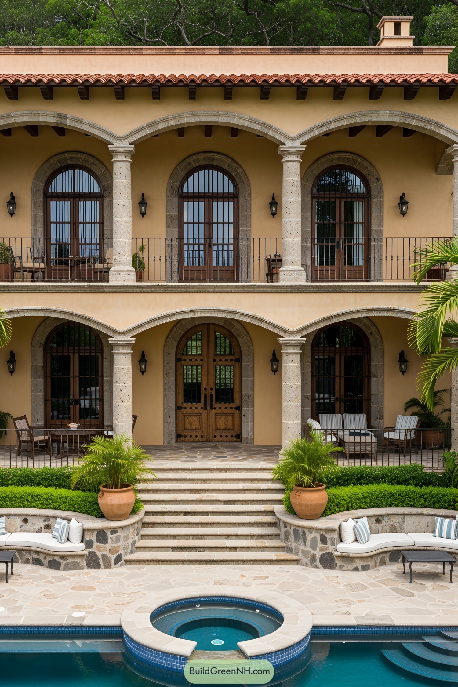 Grand ranch patio with arches and pool