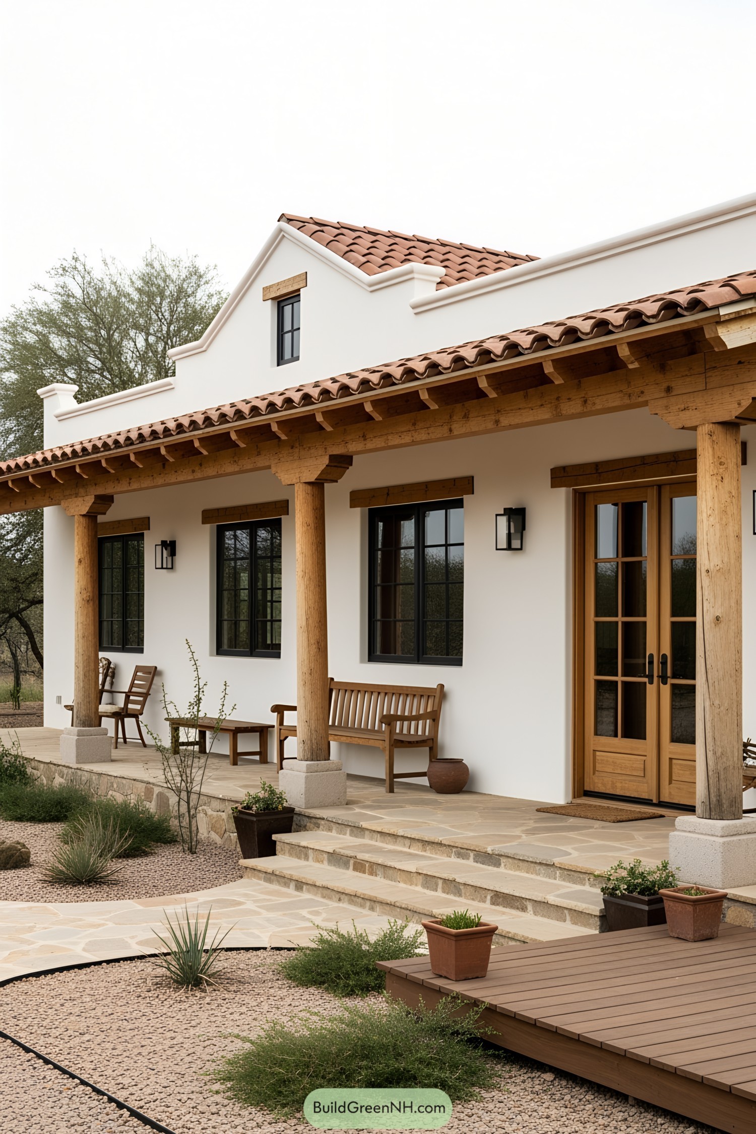 Traditional ranch house with terra-cotta roof and wooden porch