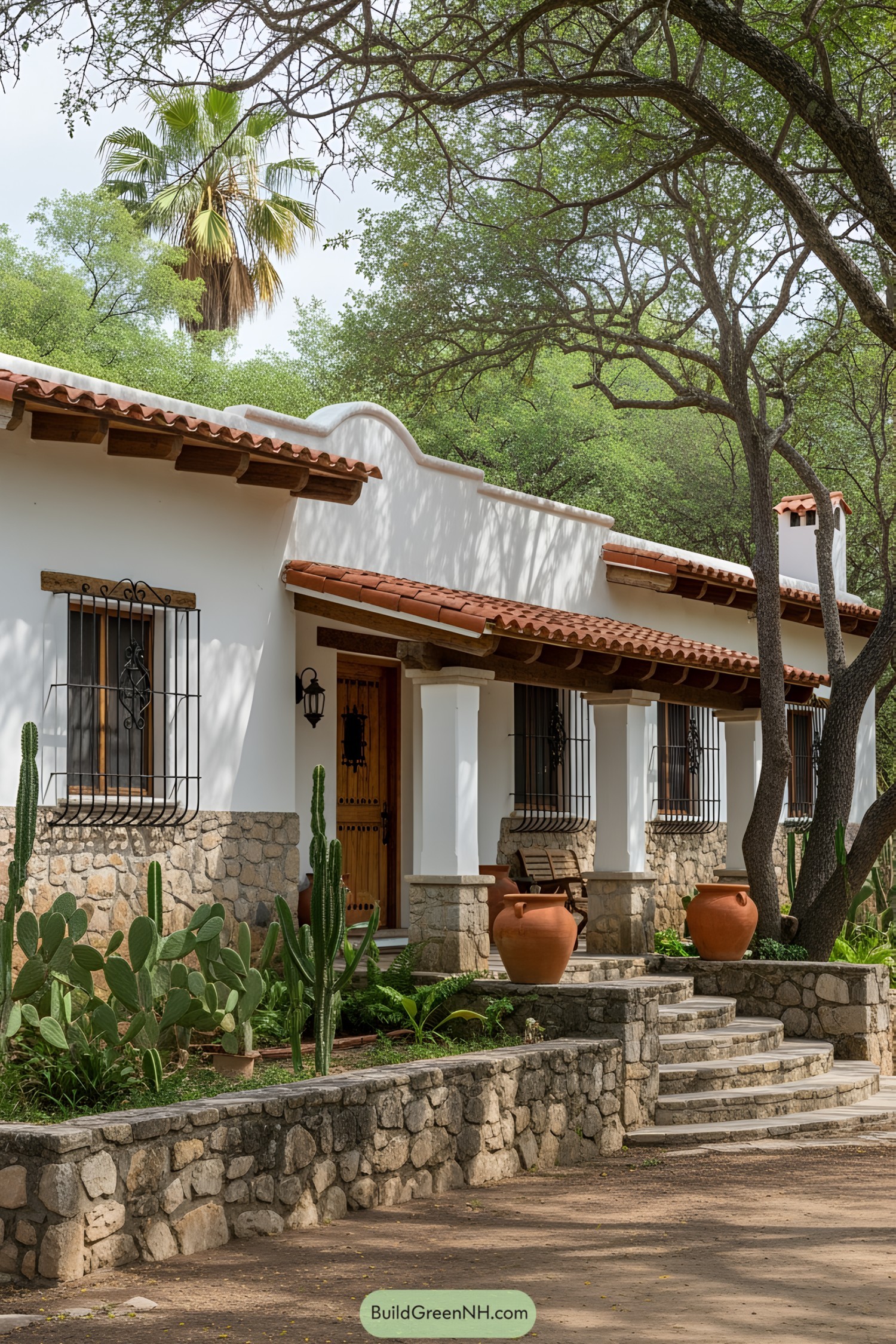 Traditional Mexican ranch house with white walls and red-tiled roof