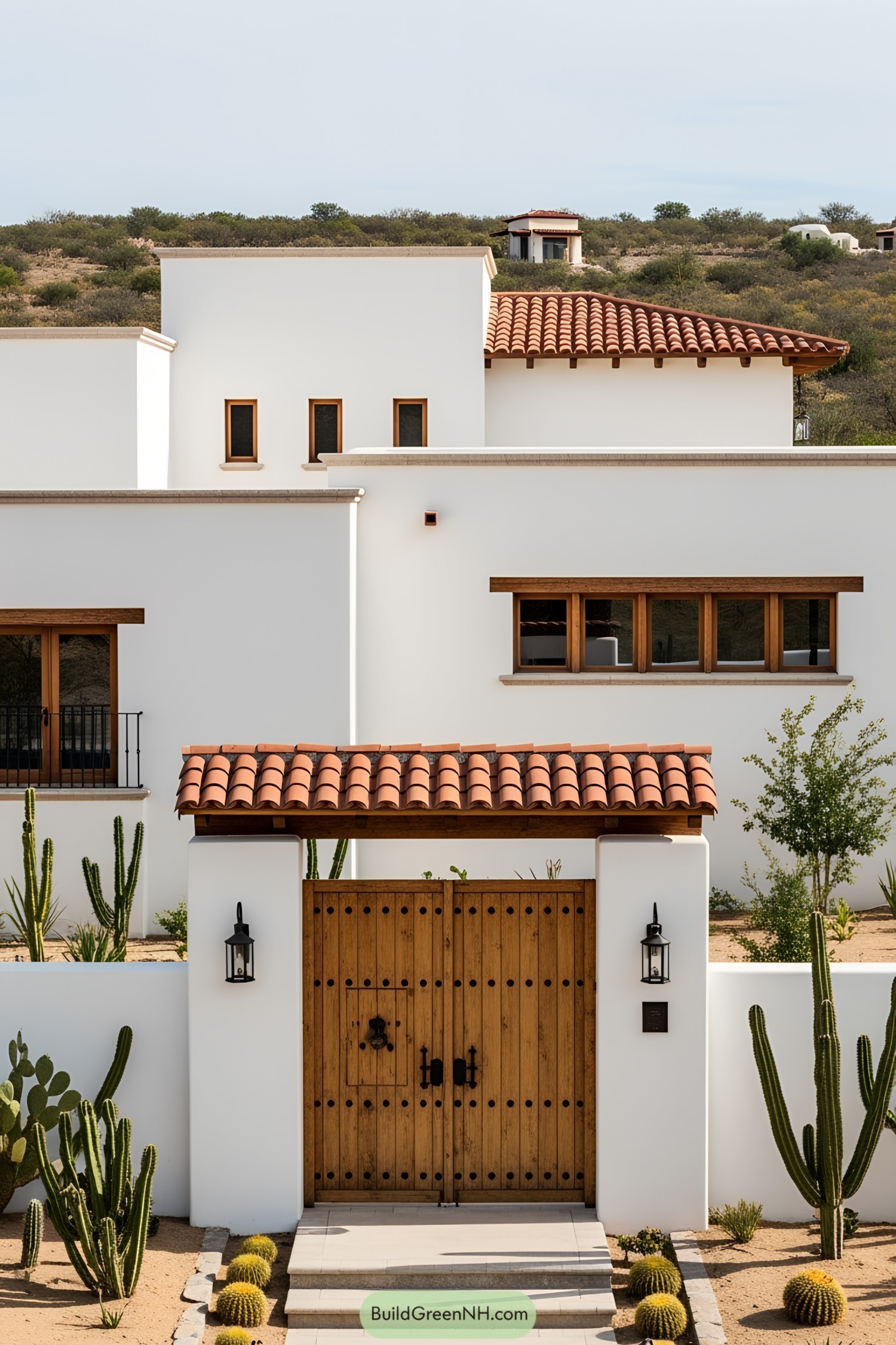 White walls with terracotta roof and wooden gates surrounded by cacti